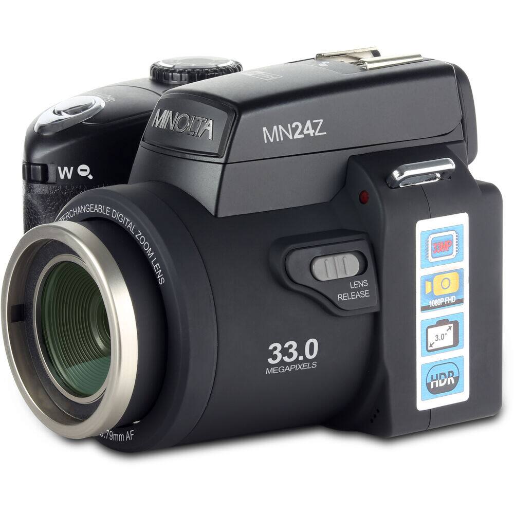 MINOLTA MN24Z  
33.0 MEGAPIXELS  
1080P FHD  
3.0" HDR  
9mm AF  
RECHANGEABLE DIGITAL ZOOM LENS  
LENS RELEASE