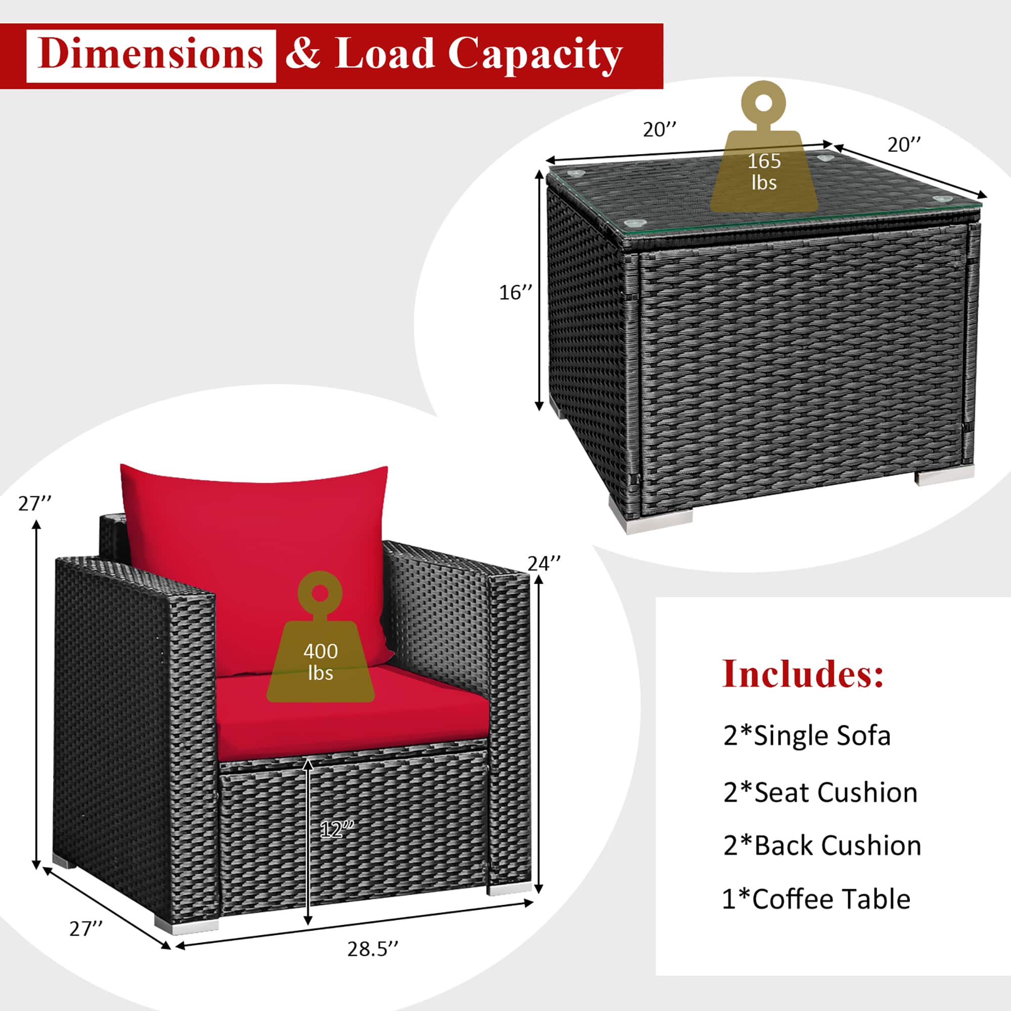 Dimensions & Load Capacity:
- 20" x 165 lbs
- 20" x 16"
- 27" x 24"
- 400 lbs
Includes:
- 2 x Single Sofa
- 2 x Seat Cushion
- 2 x Back Cushion
- 1 x Coffee Table