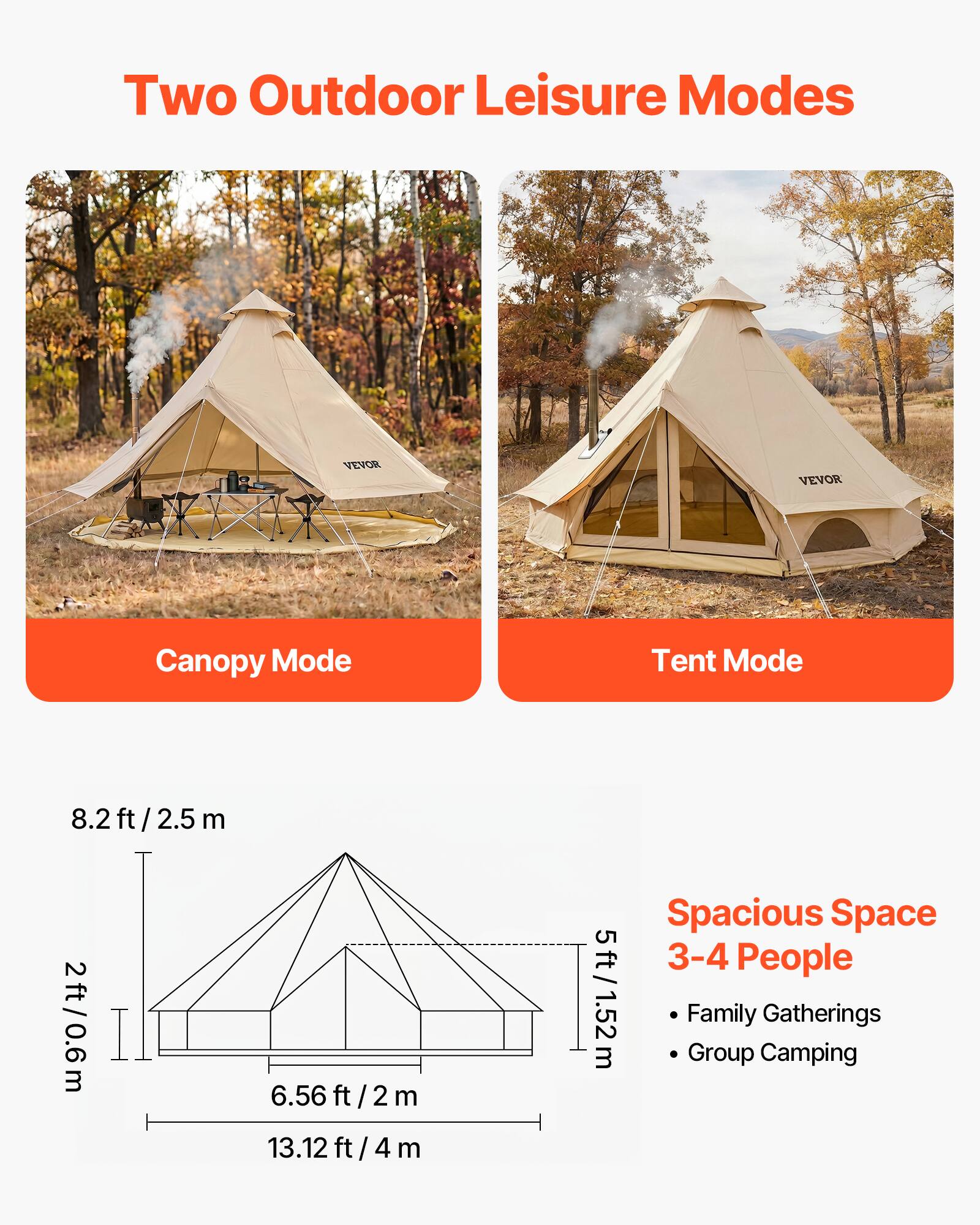 Two Outdoor Leisure Modes

VEVOR Canopy Mode Tent Mode

8.2 ft / 2.5 m
2 ft / 0.6 m
6.56 ft / 2 m
13.12 ft / 4 m

Spacious Space
5 ft / 1.52 m

3-4 People
Family Gatherings
Group Camping