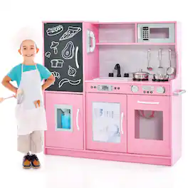 Costway - Kid's Pretend Play Kitchen Toddler Kitchen Playset with Blackboard - Pink