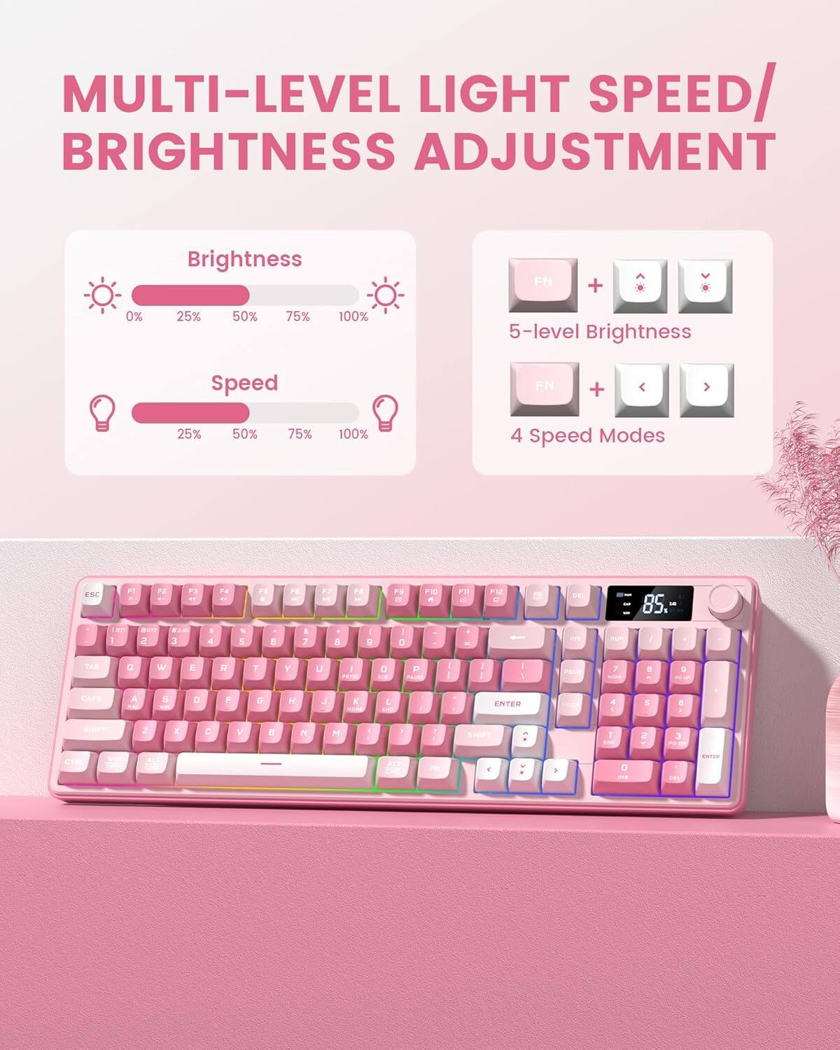 MULTI-LEVEL LIGHT SPEED/ BRIGHTNESS ADJUSTMENT

Brightness
0% 25% 50% 75% 100%
5-level Brightness

Speed
25% 50% 75% 100%
4 Speed Modes

FN + ↑/↓ for Brightness
FN + ←/→ for Speed

ESC P1 P2 P3 P4 F1 F2 F3 F4 F5 F6 F7 F8 F9 F10 F11 F12

1 2 3 4 5 6 7 8 9 0

TAB Q W E R T Y U I O P

A S D F G H J K L

Z X C V B N M

Shift

Ctrl Alt