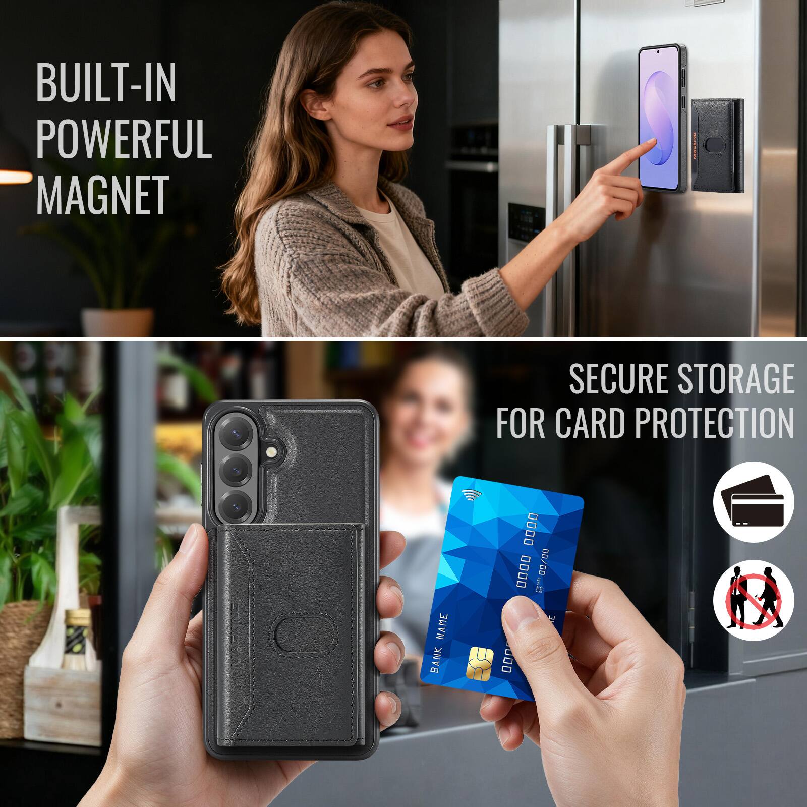 BUILT-IN POWERFUL MAGNET  
SECURE STORAGE FOR CARD PROTECTION  
BANK NAME  
0000 0000 0000 0000  
00/00
