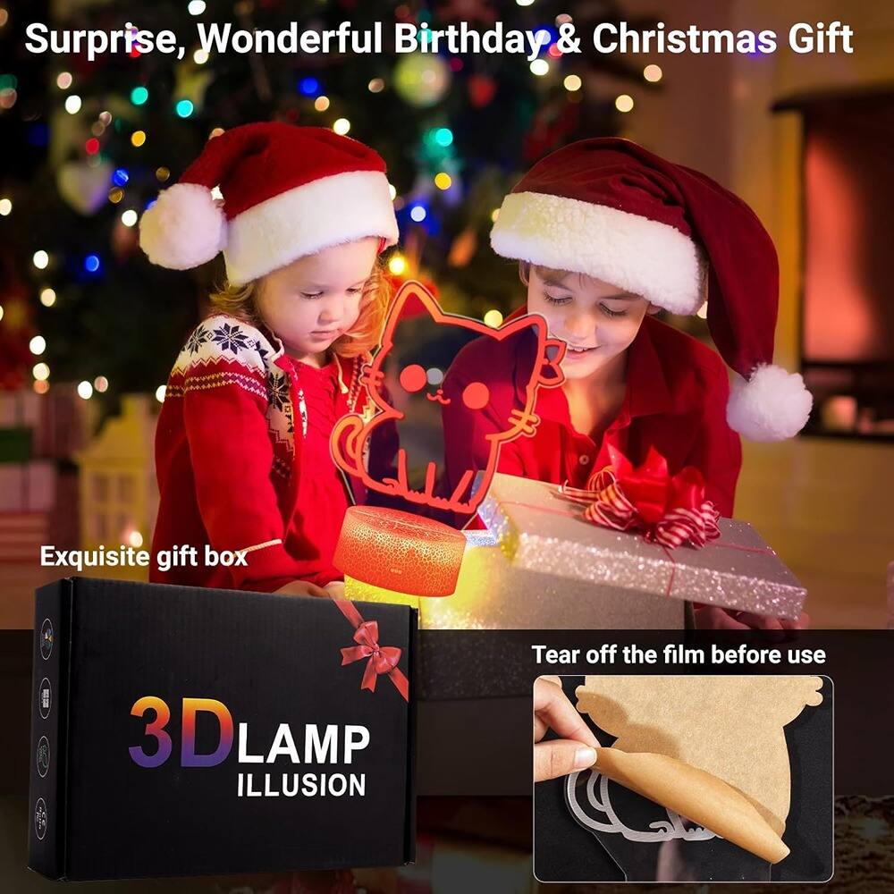 Sure, here is the corrected and grouped text from the image:

---

**Surprise, Wonderful Birthday & Christmas Gift**

**Exquisite gift box**

**3D LAMP ILLUSION**

**Tear off the film before use**

---