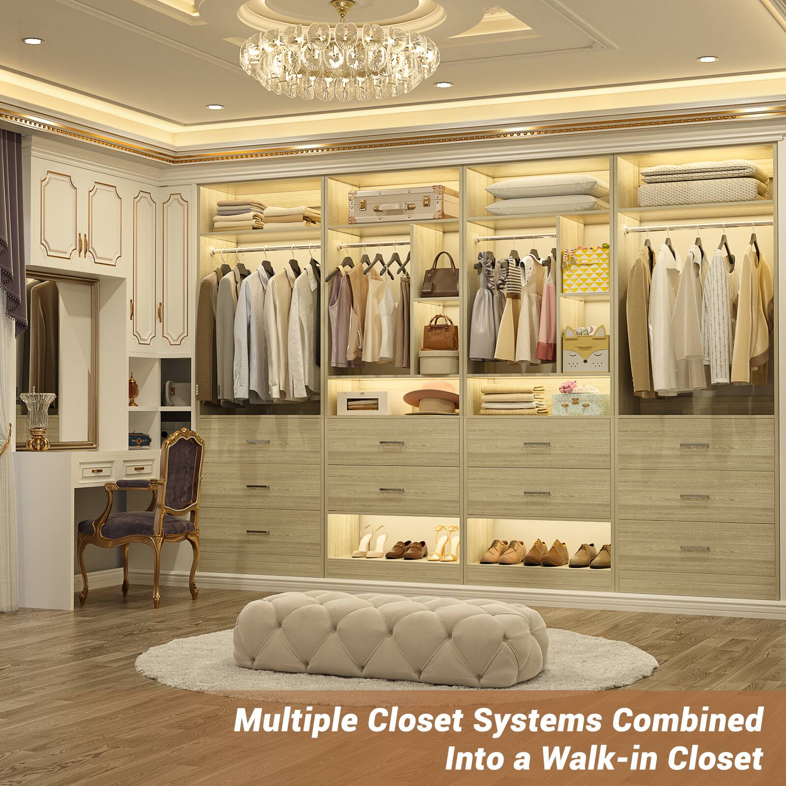 e0000a  
Multiple Closet Systems Combined Into a Walk-in Closet