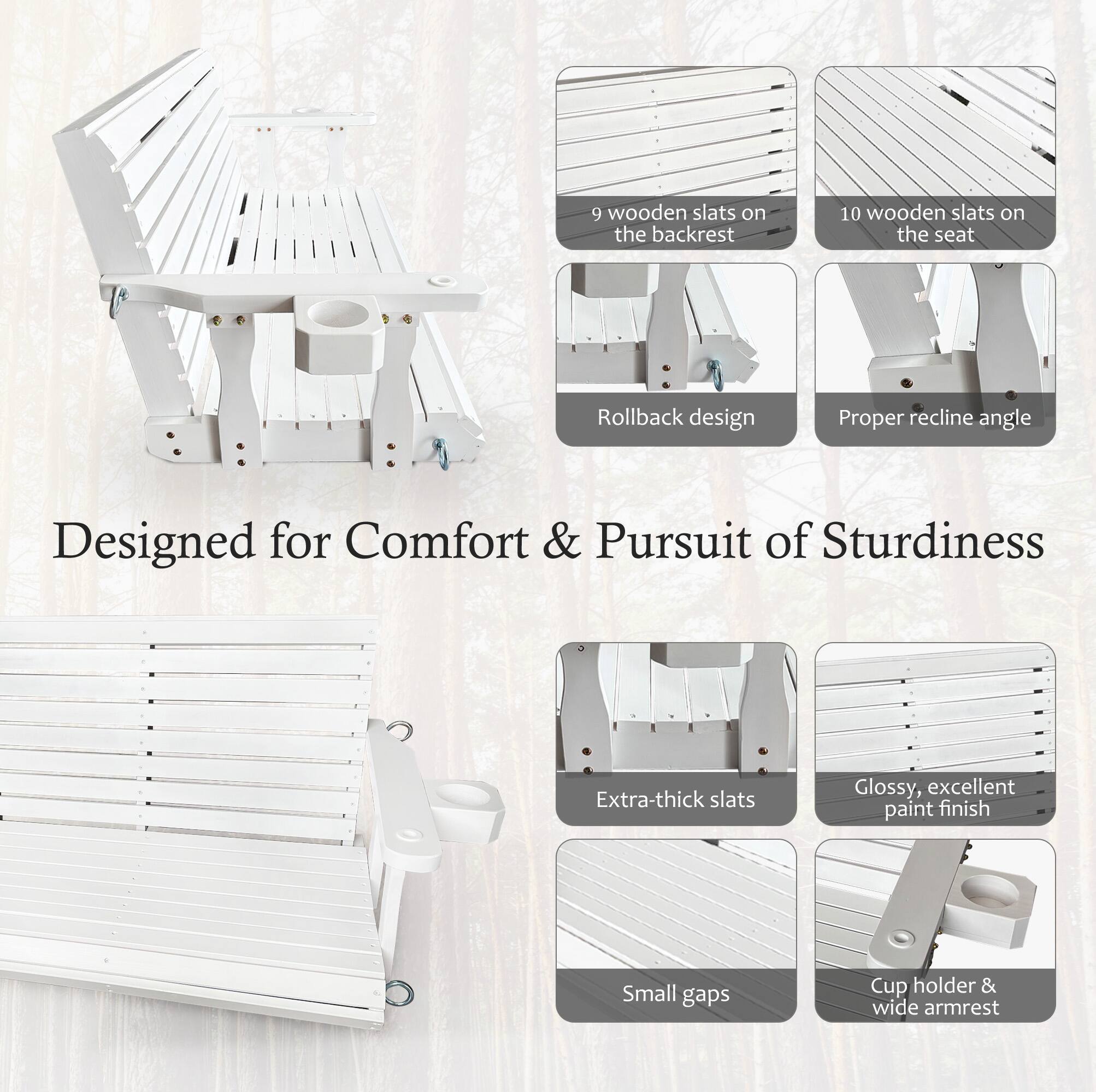 Designed for Comfort & Pursuit of Sturdiness

- 9 wooden slats on the backrest
- 10 wooden slats on the seat
- Rollback design
- Proper recline angle
- Extra-thick slats
- Glossy, excellent paint finish
- Small gaps
- Cup holder & wide armrest