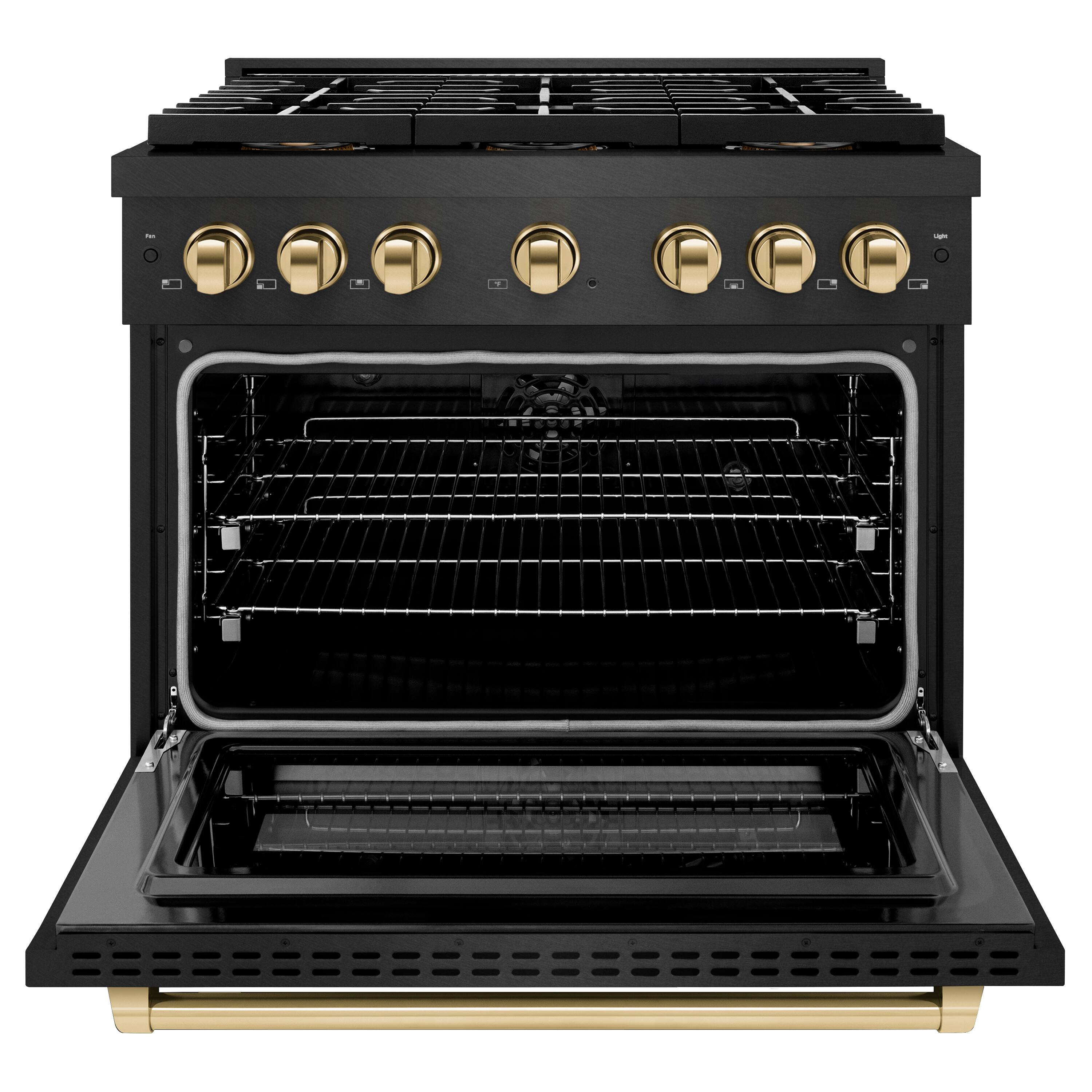 Angle. ZLINE - ZLINE Autograph 36 in. 5.2 cu. ft. Freestanding Paramount DuoPro Dual Fuel Range in Black Satin Steel and Gold Accents - Black Satin Stainless Steel.