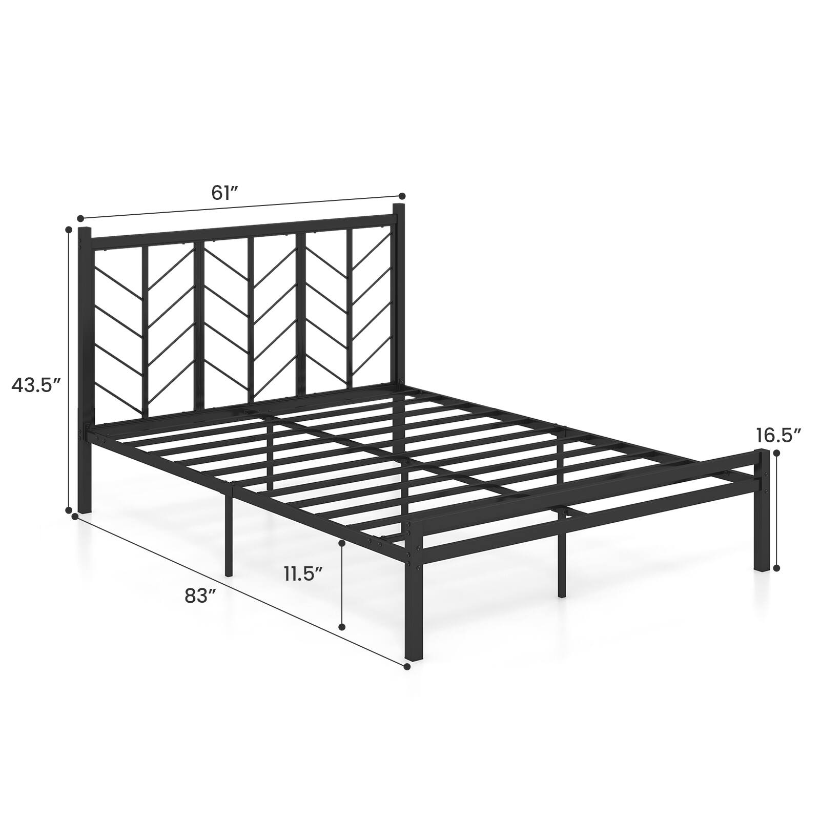 The text on the image reads: "61" 43.5" 16.5" 83" 11.5". This information is likely related to the dimensions of the bed frame, such as the height, width, and length.