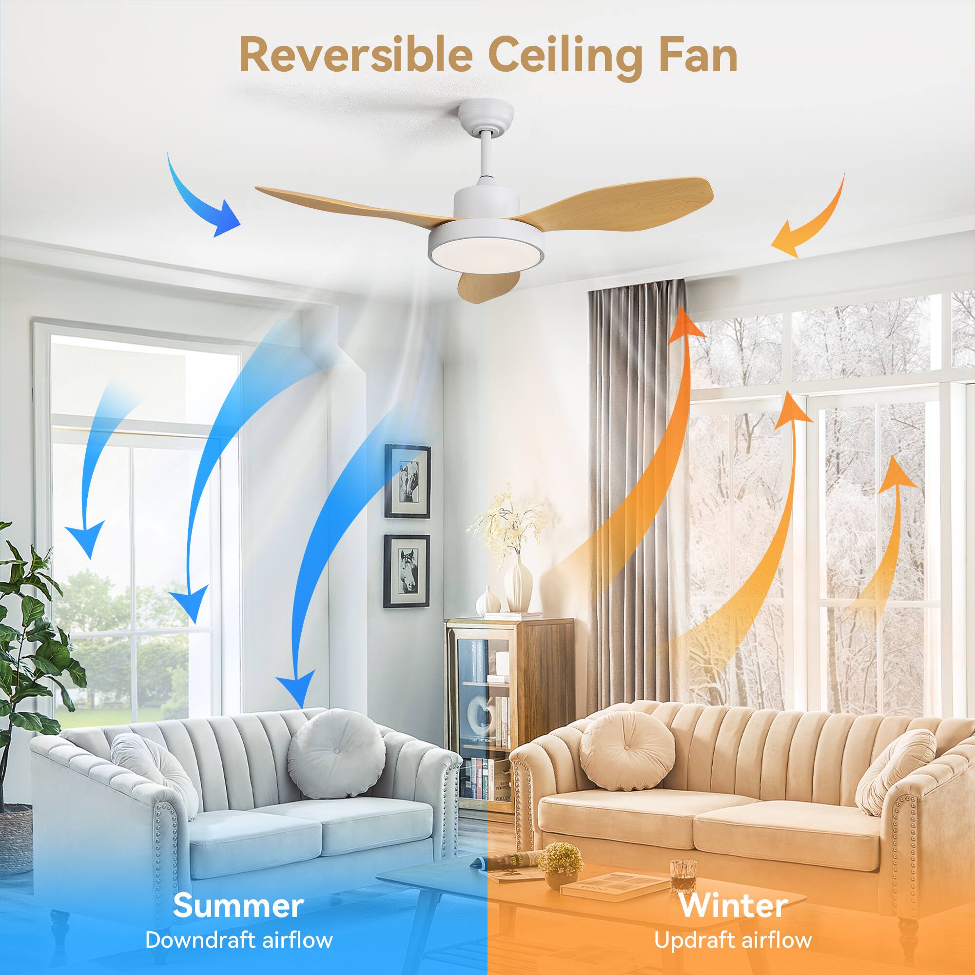 Reversible Ceiling Fan

Summer  
Downdraft airflow

Winter  
Updraft airflow