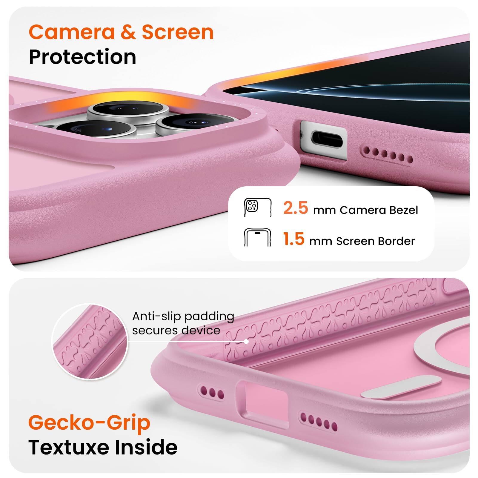 Camera & Screen Protection  
2.5 mm Camera Bezel  
1.5 mm Screen Border  
Anti-slip padding secures device  
Gecko-Grip Textuxe Inside