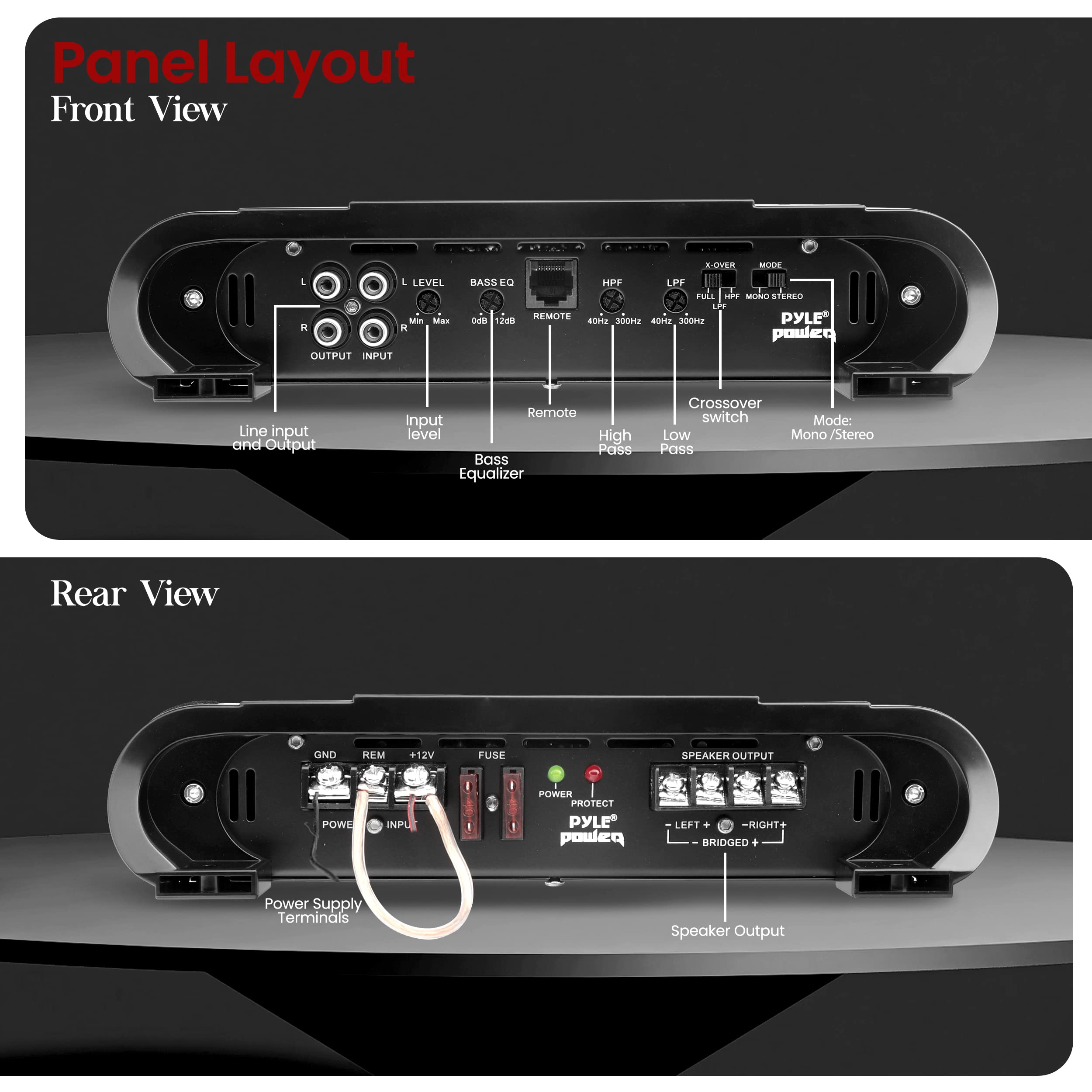 Panel Layout  
Front View  
- Line input and Output  
- Input level  
- Bass Equalizer  
- Crossover switch  
- Mode: Mono / Stereo  
- High Pass  
- Low Pass  

Rear View  
- Power Supply Terminals  
- Speaker Output  
- Power  
- Protect  
- +12V  
- FUSE  
- REM  
- GND  
- SPEAKER OUTPUT  
- LEFT +  
- RIGHT +  
- BRIDGED +
