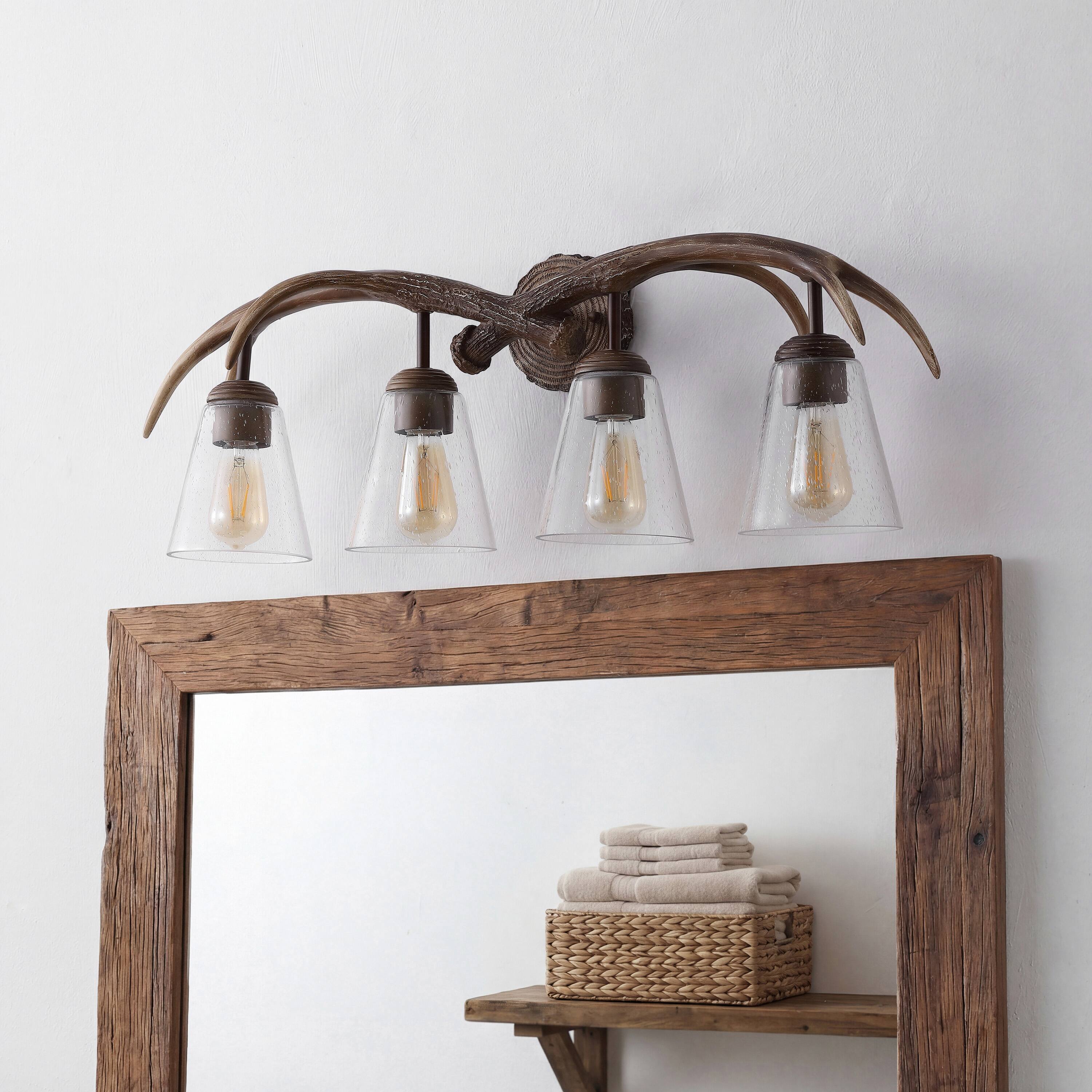 Alt View 5. Jonathan Y - Wyatt 32.5" 4-Light Southwestern Bohemian Resin/Seeded Glass Faux Antler LED Vanity Light, Brown Wood Finish - Brown Wood Finish.