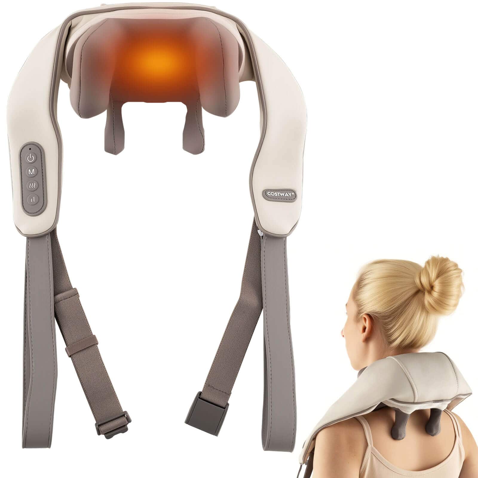 Costway - Neck Shoulder Massager with 2 Heating Levels & Adjustable Intensity - Beige