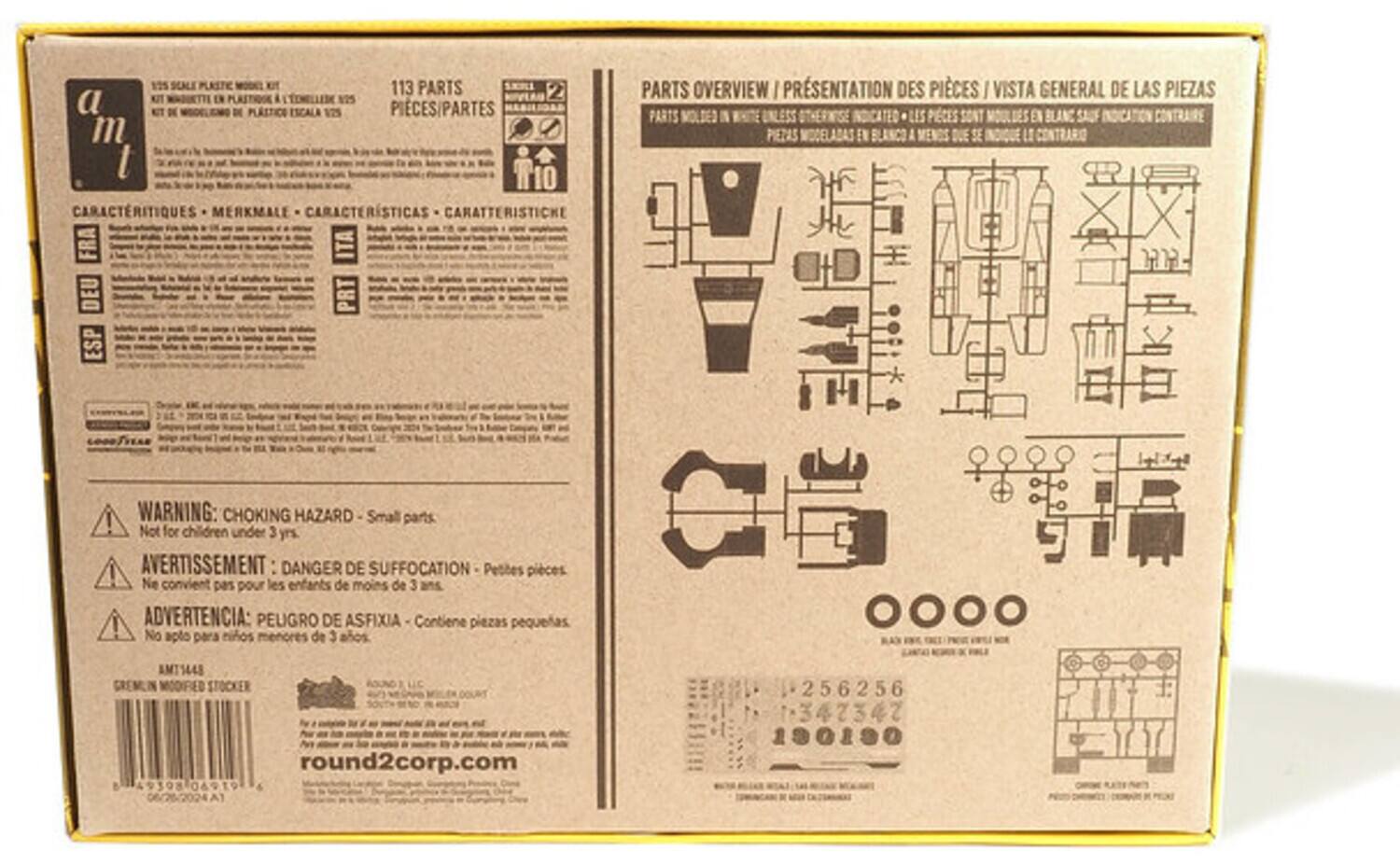 125 SCALE PLASTIC MODEL KIT  
113 PARTS  
PIECES/PARTS  
CARACTERISTIQUES - MERKMALE - CARACTERÍSTICAS - CARATTERISTICHE  
FRA ITA DEU ESP PRT  

PARTS OVERVIEW / PRÉSENTATION DES PIÈCES / VISTA GENERAL DE LAS PIEZAS  
PARTS MODELES EN WHITE UNLESS OTHERWISE INDICATED / LES PIÈCES SONT MOULÉES EN BLANC SAUF INDICATION CONTRAIRE  

WARNING: CHOKING HAZARD - Small parts Not for children under 3 yrs.  
AVERTISSEMENT: DANGER DE SUFFOCATION Petites pièces ! Ne convient pas pour les enfants de moins de 3 ans  
ADVERTENCIA: PELIGRO DE ASFIXIA Contiene piezas pequeñas ! No apto para niños menores de 3 años  

AMT144S MODIFIED STOCKER  
256256  
6 5 6 34734  
round2corp.com  
06/26/2024  

SKILL LEVEL 2  
Ages 10