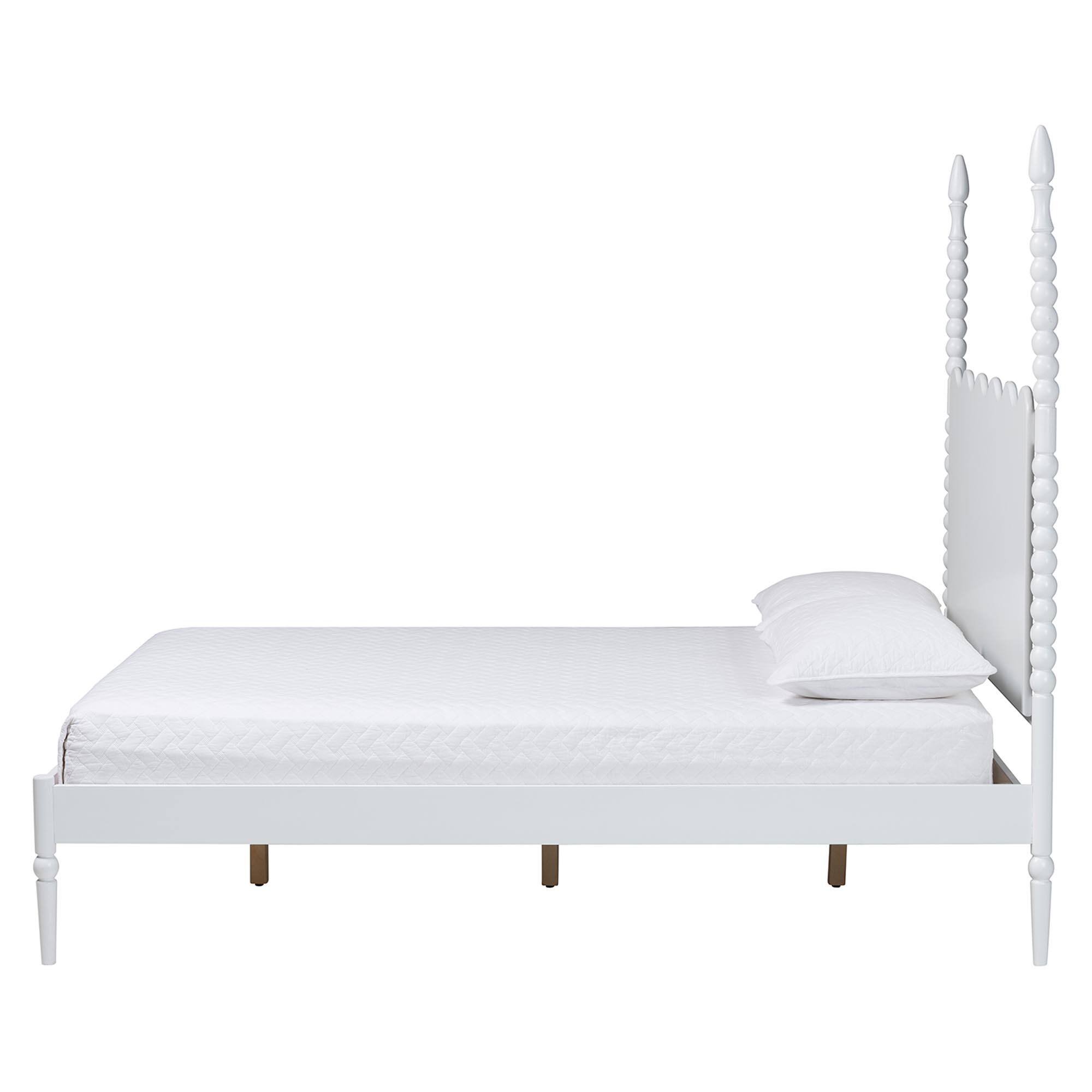 Angle. Baxton Studio - Brantley Spindle Platform Bed - Farmhouse Bed Frame with Scalloped Headboard and Turned Posts, Queen - White.