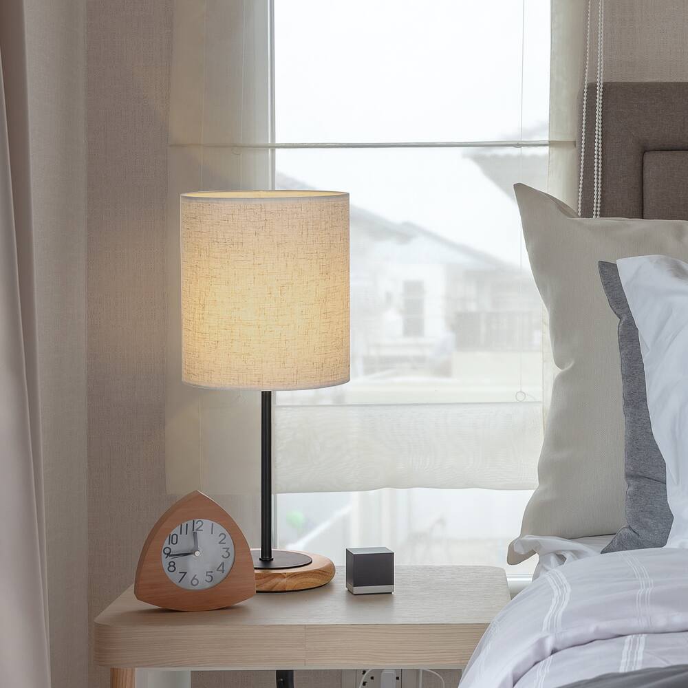 Alt View 1. Oumilen - Natural Wood Base Black Metal Pole Fabric Shade Table Lamp.