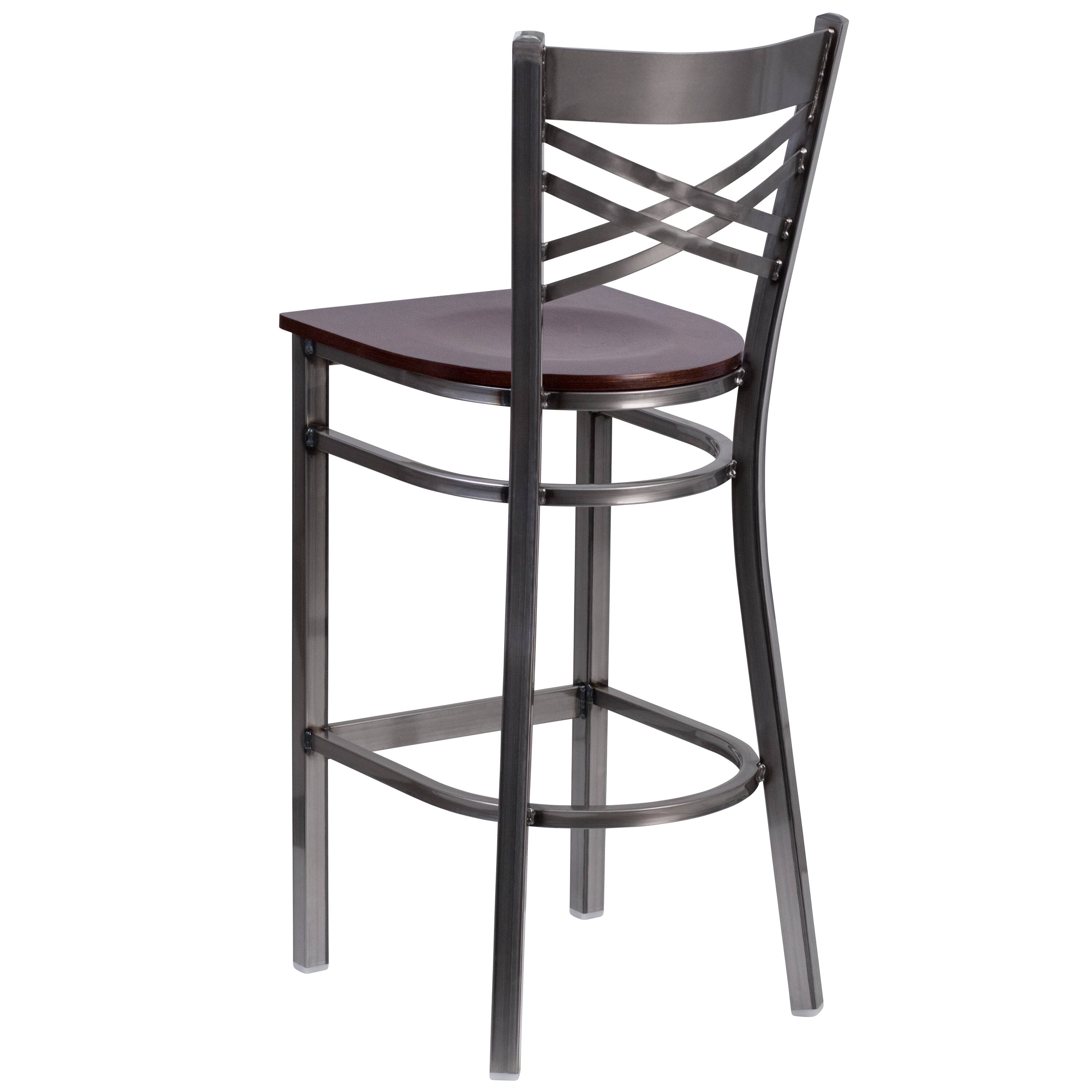 Alt View 4. Emma + Oliver - 2 Pack Clear Coated "X" Back Metal Restaurant Barstool - Walnut Wood Seat/Clear Coated Metal Frame.