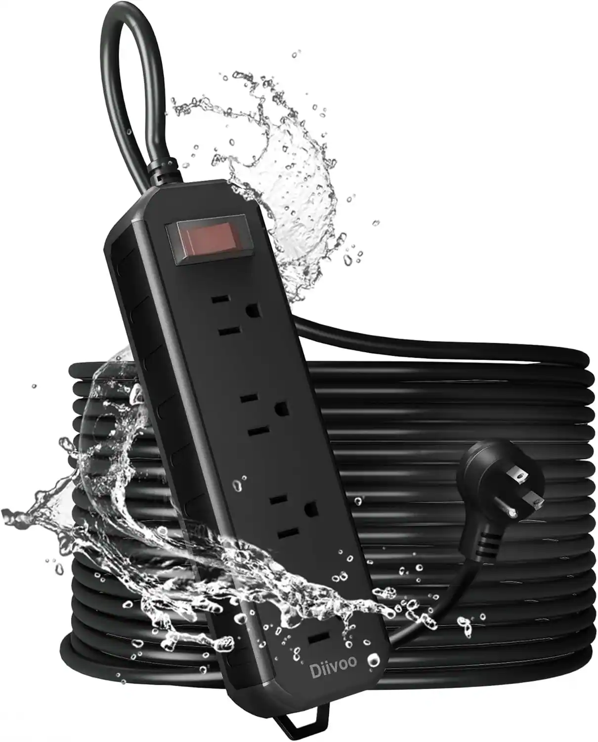 Front. Wikistore - 50 FT Outdoor Power Strip Weatherproof with 4 Outlets 1700J Surge Protection Flat Plug - Black.