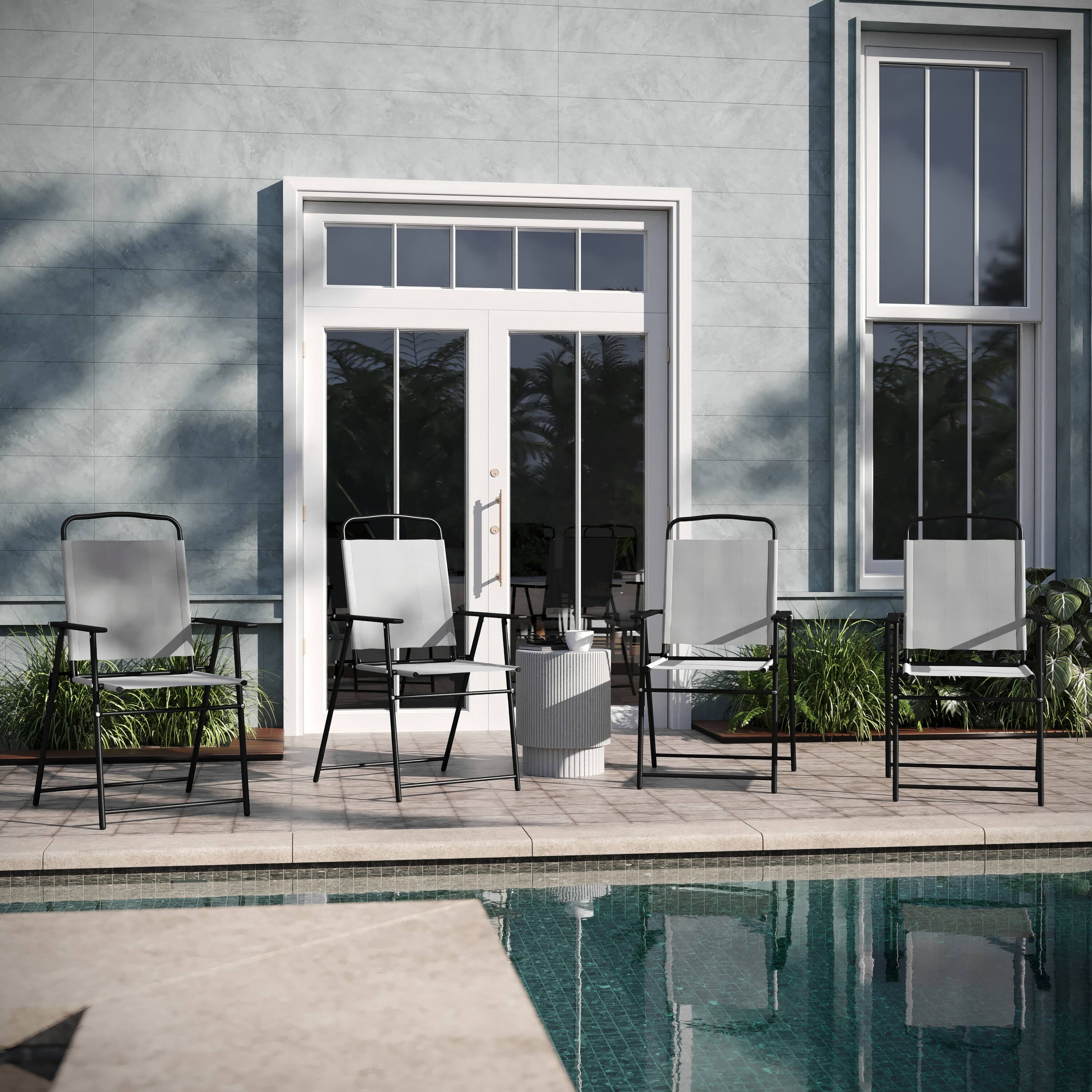 Alt View 2. Emma + Oliver - Munroe Set of 4 Textilene Folding Sling Style Patio Chairs with Armrests - Gray.