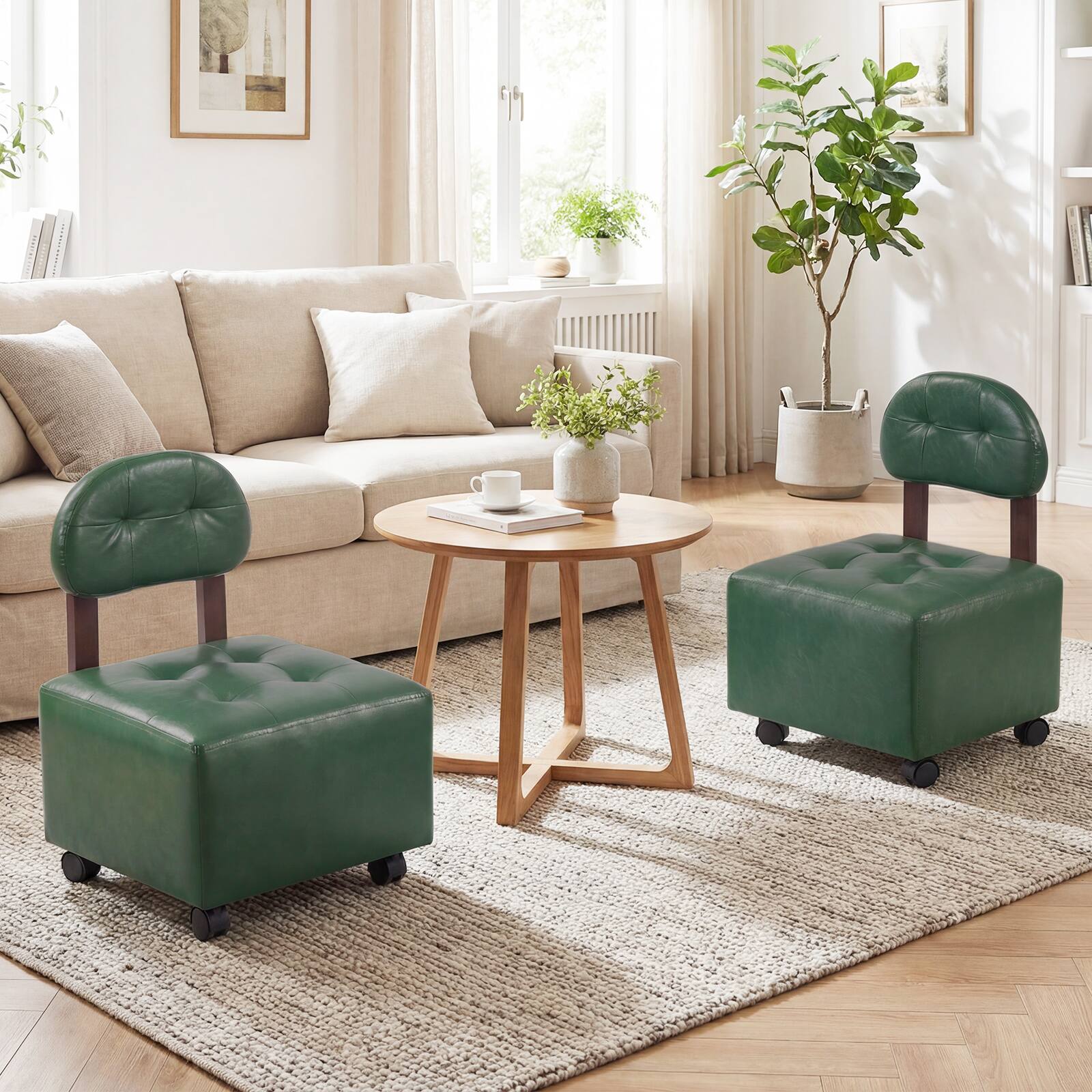 Alt View 4. Gymax - Gymax Rolling Footrest Stools Set of 2 Upholstered Square Ottoman 330 LBS Max Load - Green.