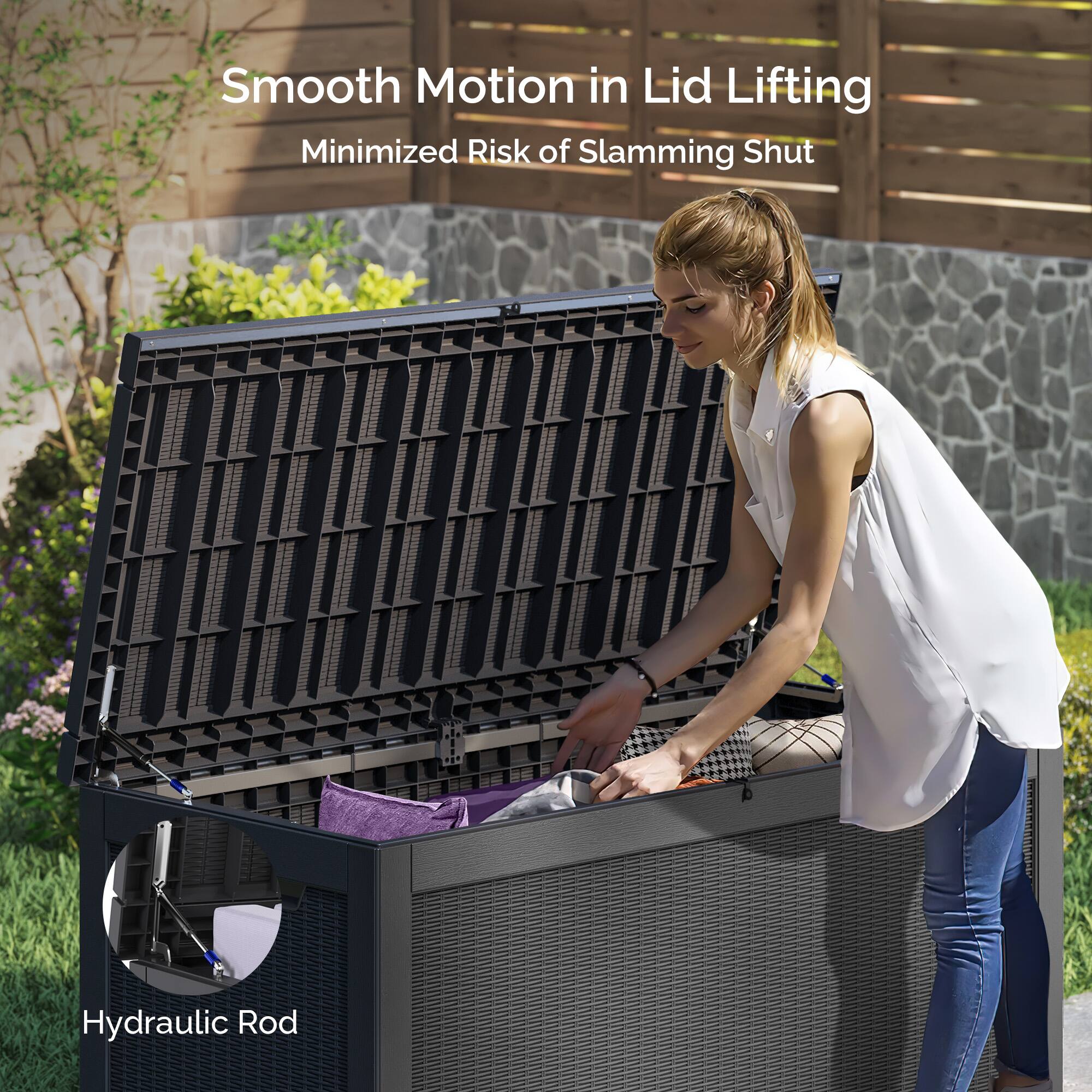 Smooth Motion in Lid Lifting  
Minimized Risk of Slamming Shut  

Hydraulic Rod