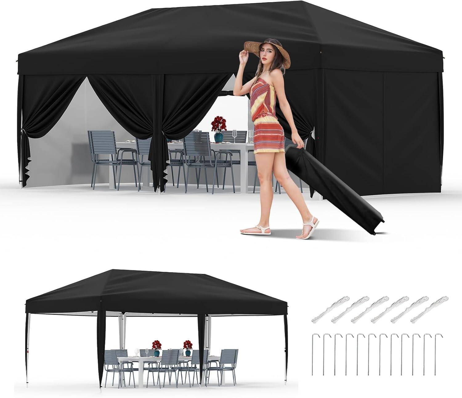 Front. Acekool - 10x20 Pop-Up Canopy Tent with 4 Sidewalls, Heavy Duty Waterproof Outdoor Shelter, UPF 50+ Sun, Black.