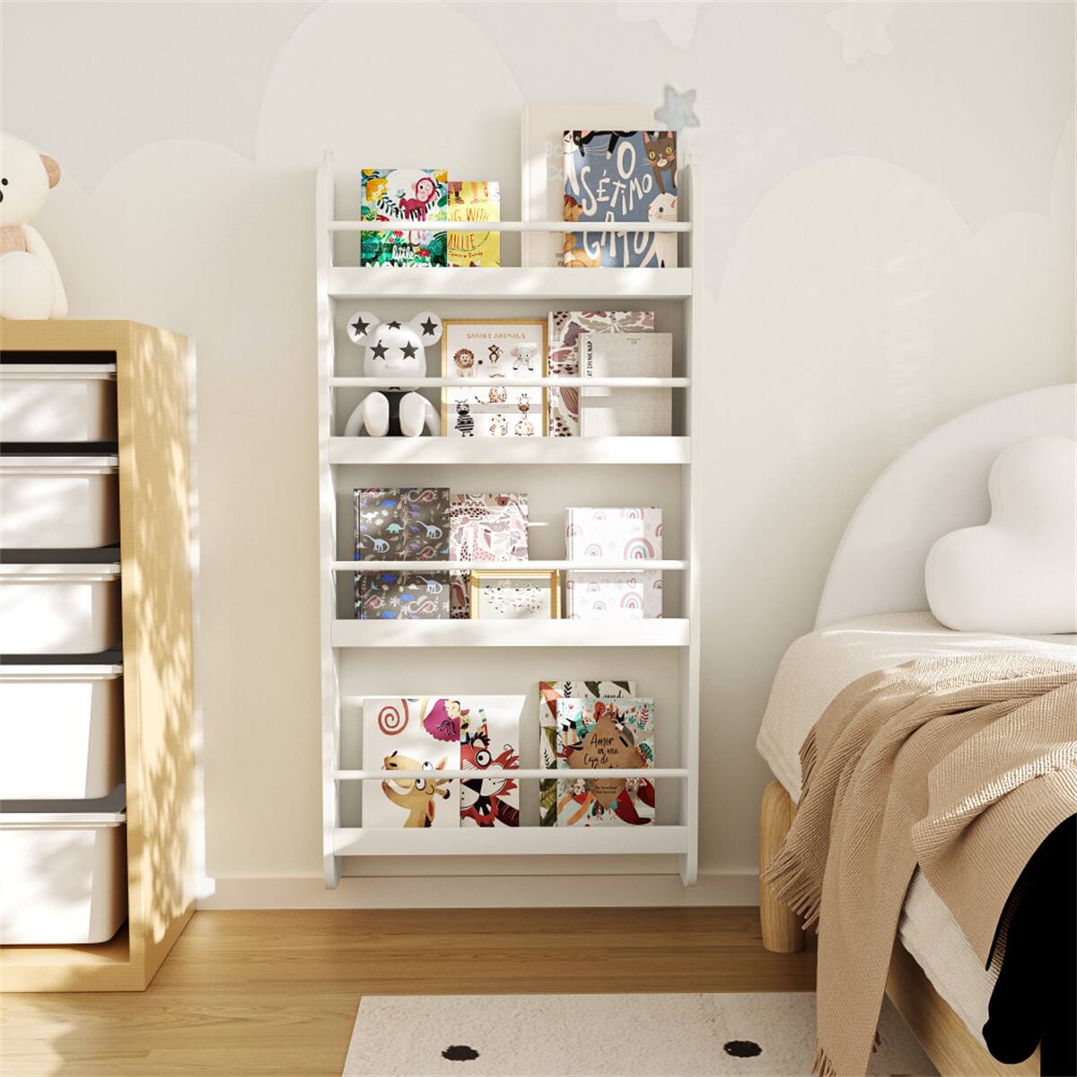 HTUTWOO - 4-Tier Kids Bookshelf - Wall Mounted MDF Bookcase Organizer, 43.9" Tall Display Storage Shelf with Anti-Toppling Safety - White