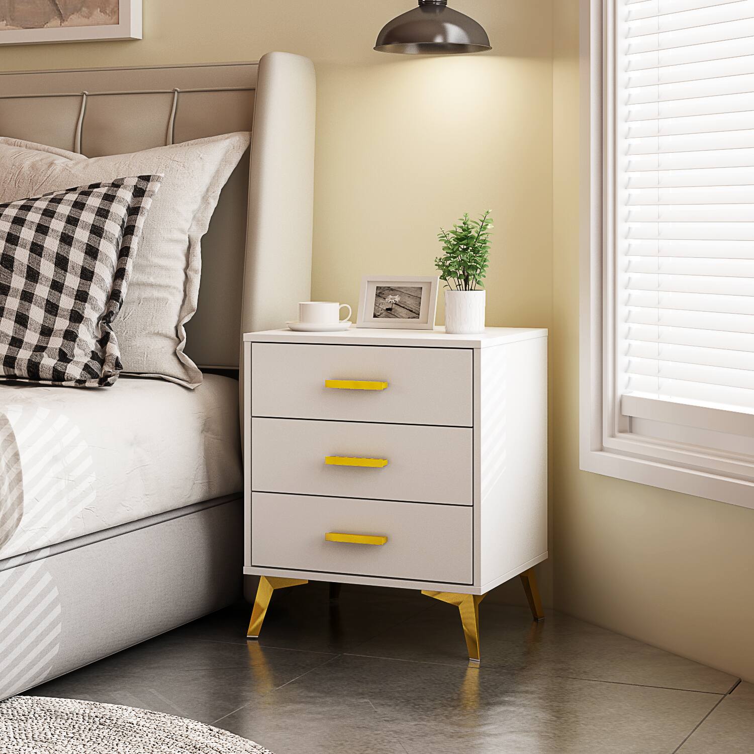 Alt View 9. FUFU & GAGA - FUFU&GAGA 3 - Drawer Nightstand: Gold Accents & Modern Glam - White.