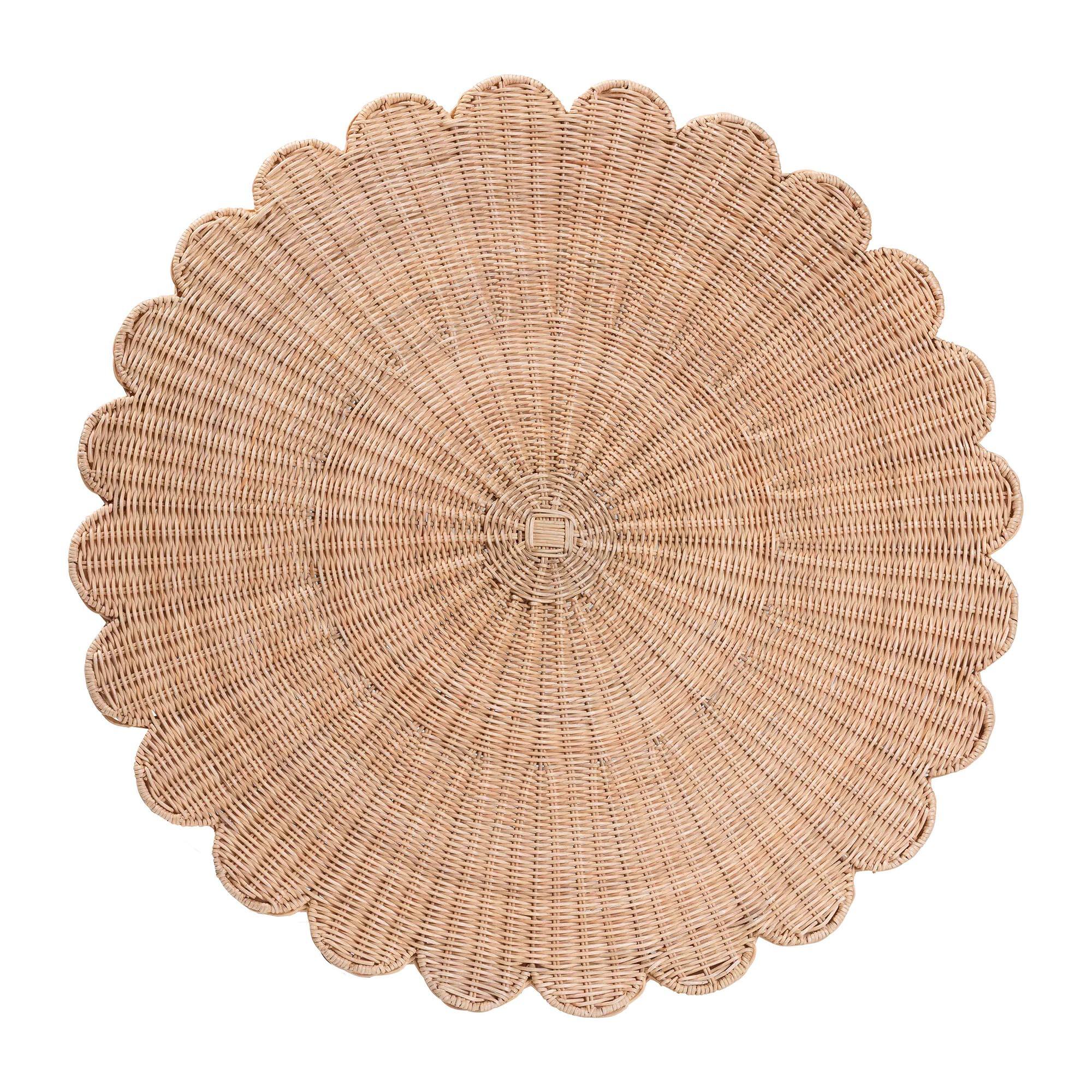 Left. bali & pari - Kensley Natural Rattan Coffee Table – Handwoven Wicker Round Accent Table with Scalloped Silhouette - Natural Brown.