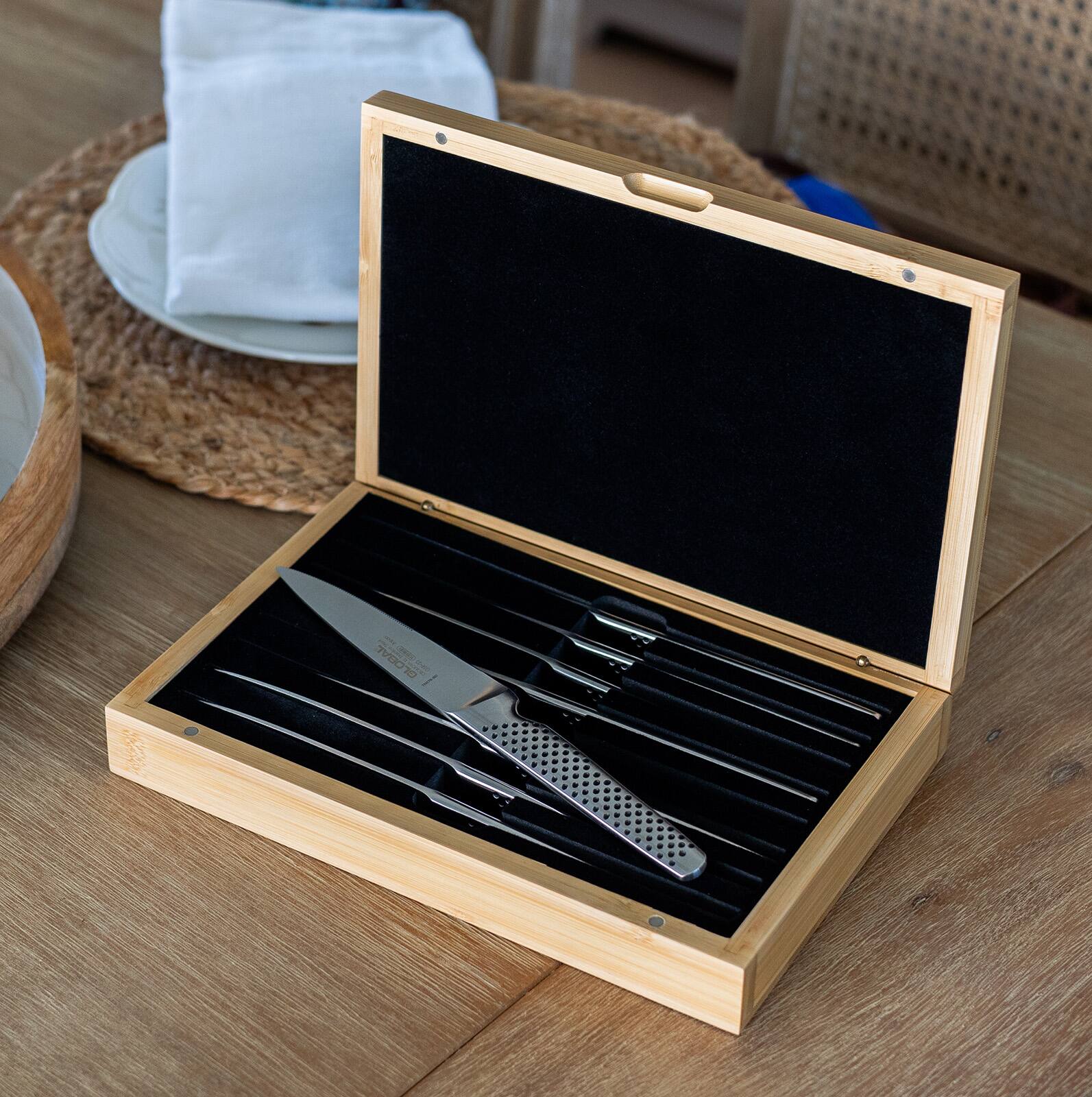 Alt View 2. Global - 8-Piece Steak Knife Set with Bamboo Box - Silver.