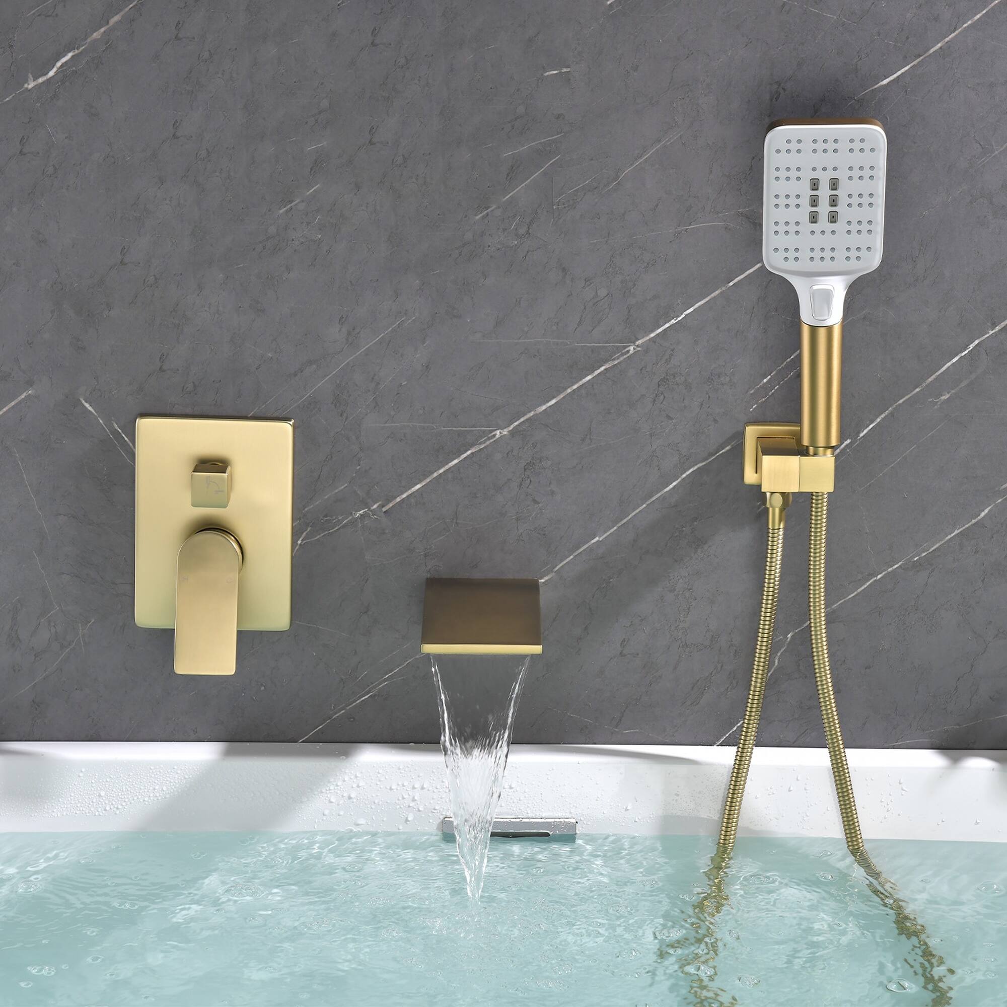 Alt View 1. Boyel Living - Brushed Gold Wall Mount Bathtub Faucet Brass 2-Function Valve Push-Button Handheld 60-Inch Steel Hose cUPC - Brushed Gold.