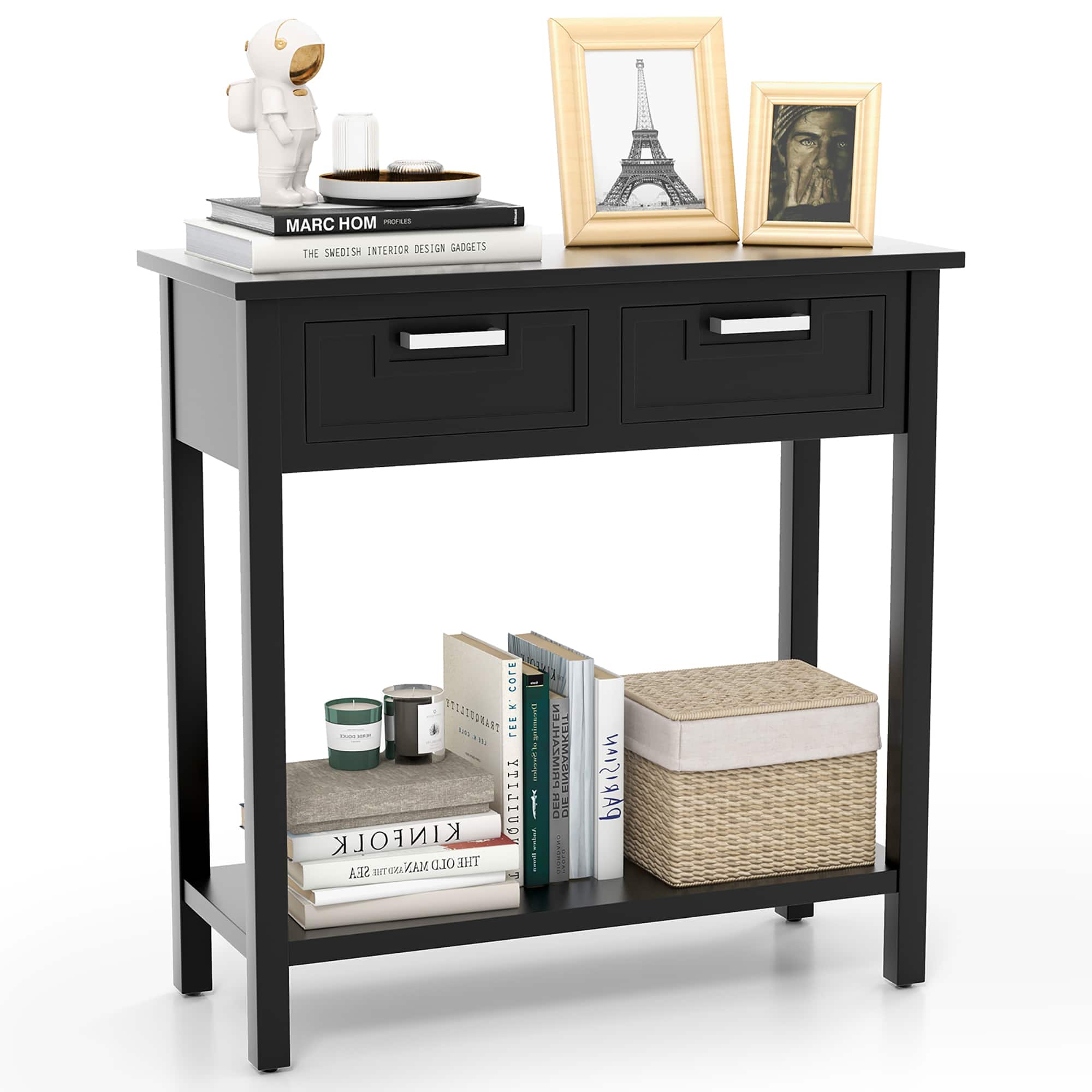 Gymax - Narrow Console Table with Drawers Retro Accent Sofa Table w/ Open Storage - Black