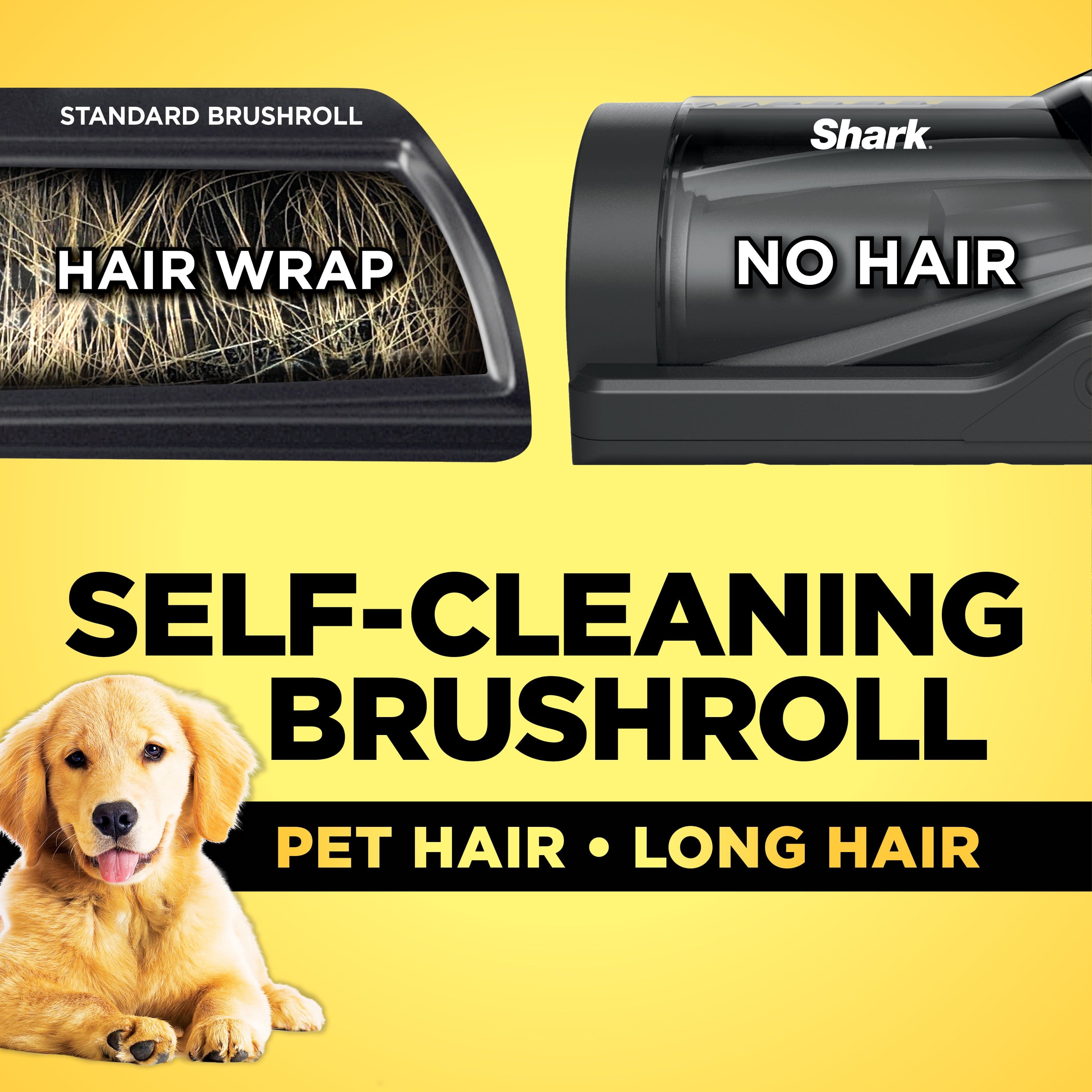 The text on the image is grouped and corrected as follows:
"Standard Brushroll: Hair Wrap No Hair Self-Cleaning Brushroll: Pet Hair Long Hair"