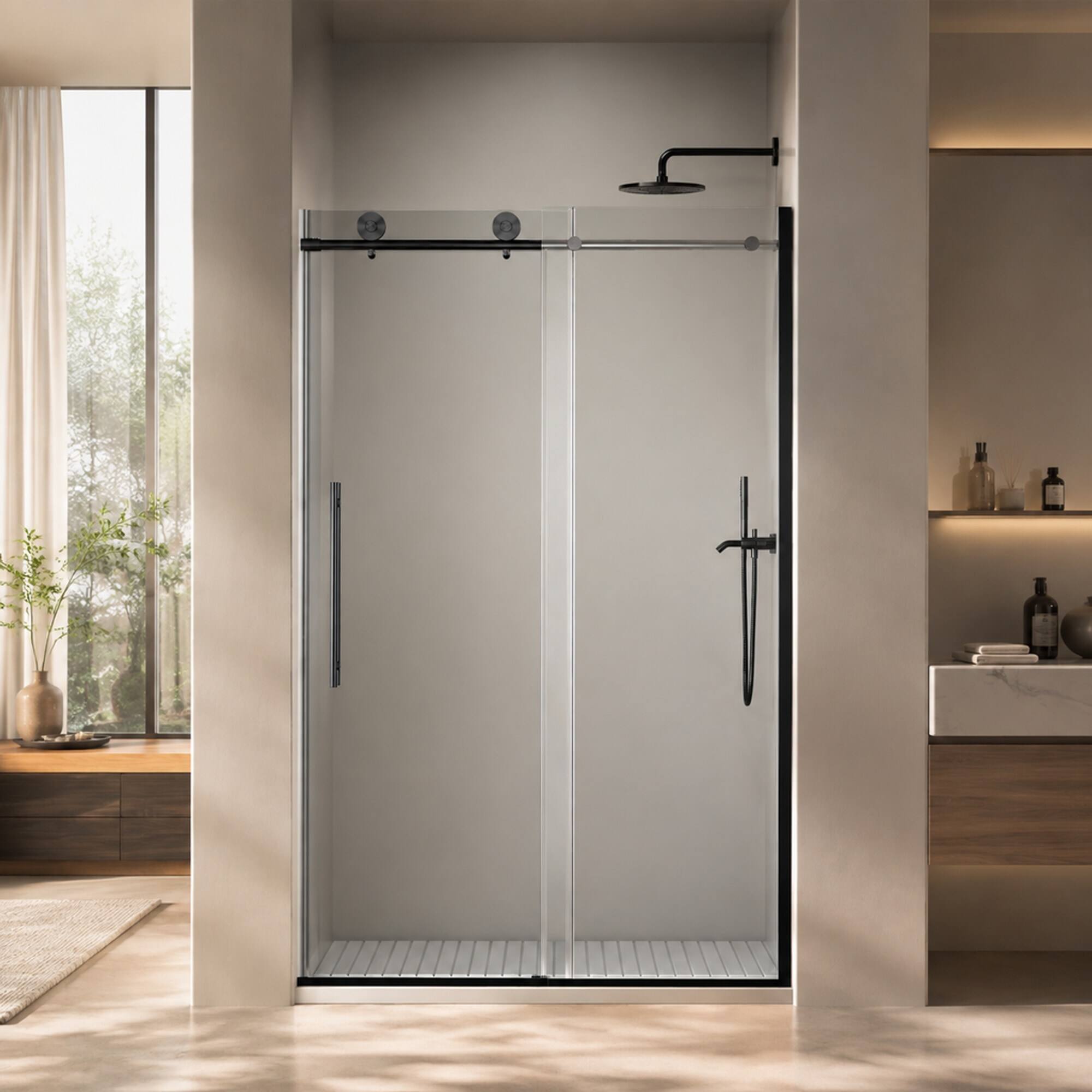 Front. RYHNUYNE - 44-48 In W X 75 In H Frameless Sliding Shower Door, 5/16 In Clear Tempered Glass Matte Black Finish - Matte Black.