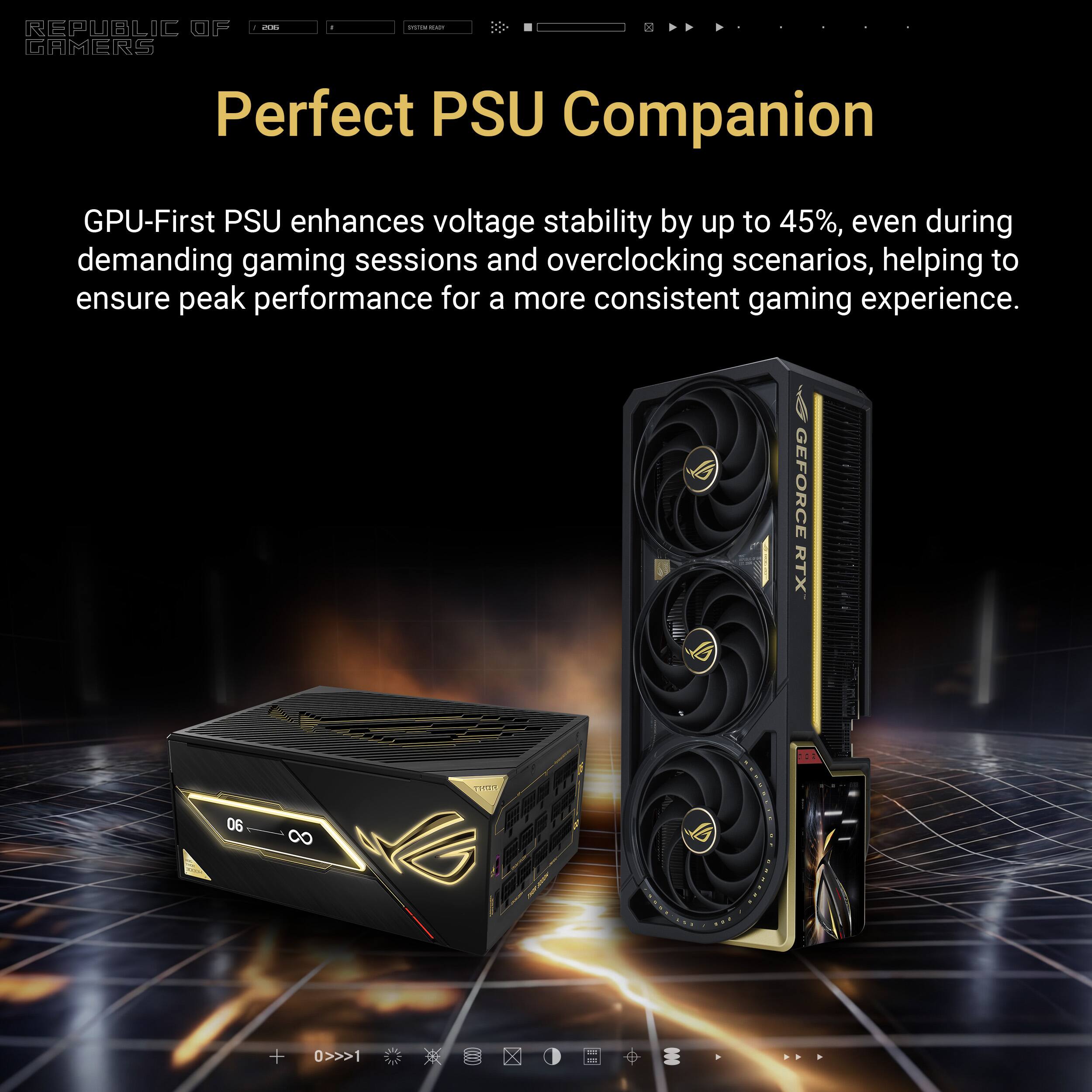 REPUBLIC OF GAMERS

Perfect PSU Companion

GPU-First PSU enhances voltage stability by up to 45%, even during demanding gaming sessions and overclocking scenarios, helping to ensure peak performance for a more consistent gaming experience.