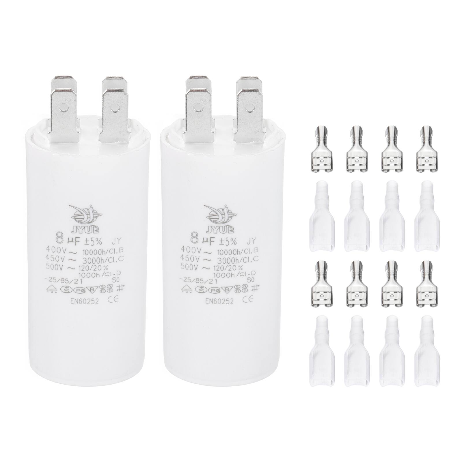 JYUR 8 HF 5% JY  
400V ~ 10000h/Cl.B  
450V 3000h/Cl.C  
500V ~ 120/20% 1000h/Cl.D  
-25/85/21  
SO H/ EN60252 CE

JYUL 8 HF 5% JY  
400V 10000h/Cl.B  
450V 3000h/Cl.C  
500V ~ 120/20% 1000h/Cl.D  
-25/85/21  
SO +U A EN60252 CE