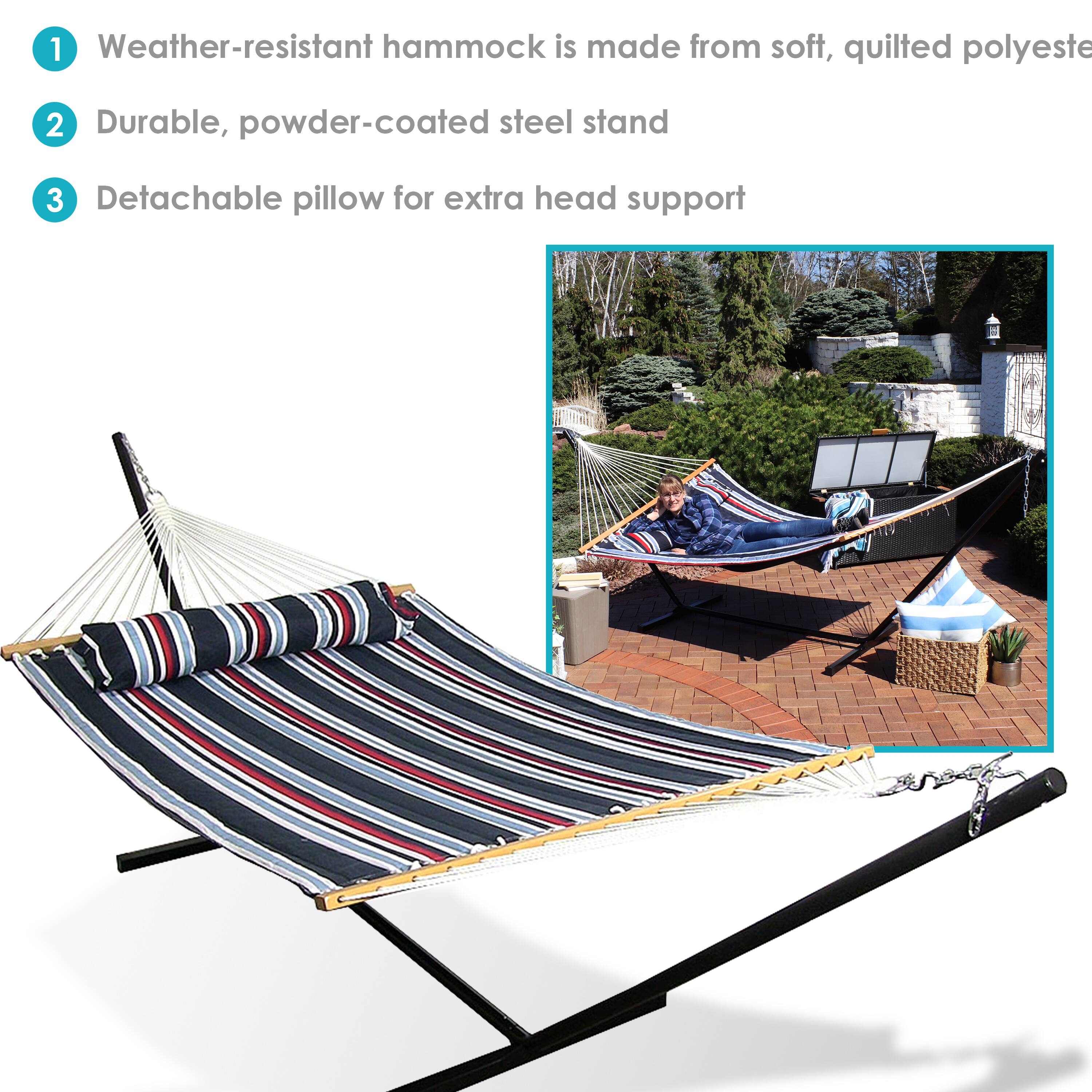 1. Weather-resistant hammock is made from soft, quilted polyester.
2. Durable, powder-coated steel stand.
3. Detachable pillow for extra head support.