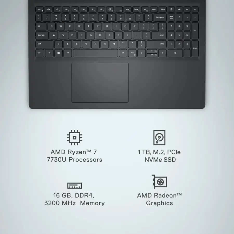The image features a close-up of a laptop keyboard, with the text "AMD Ryzen 7 7730U Processors" located above the keyboard. The keyboard has a variety of keys, including letters, numbers, and function keys. The laptop is equipped with a 16 GB DDR4, 3200 MHz Memory and an AMD Radeon Graphics.