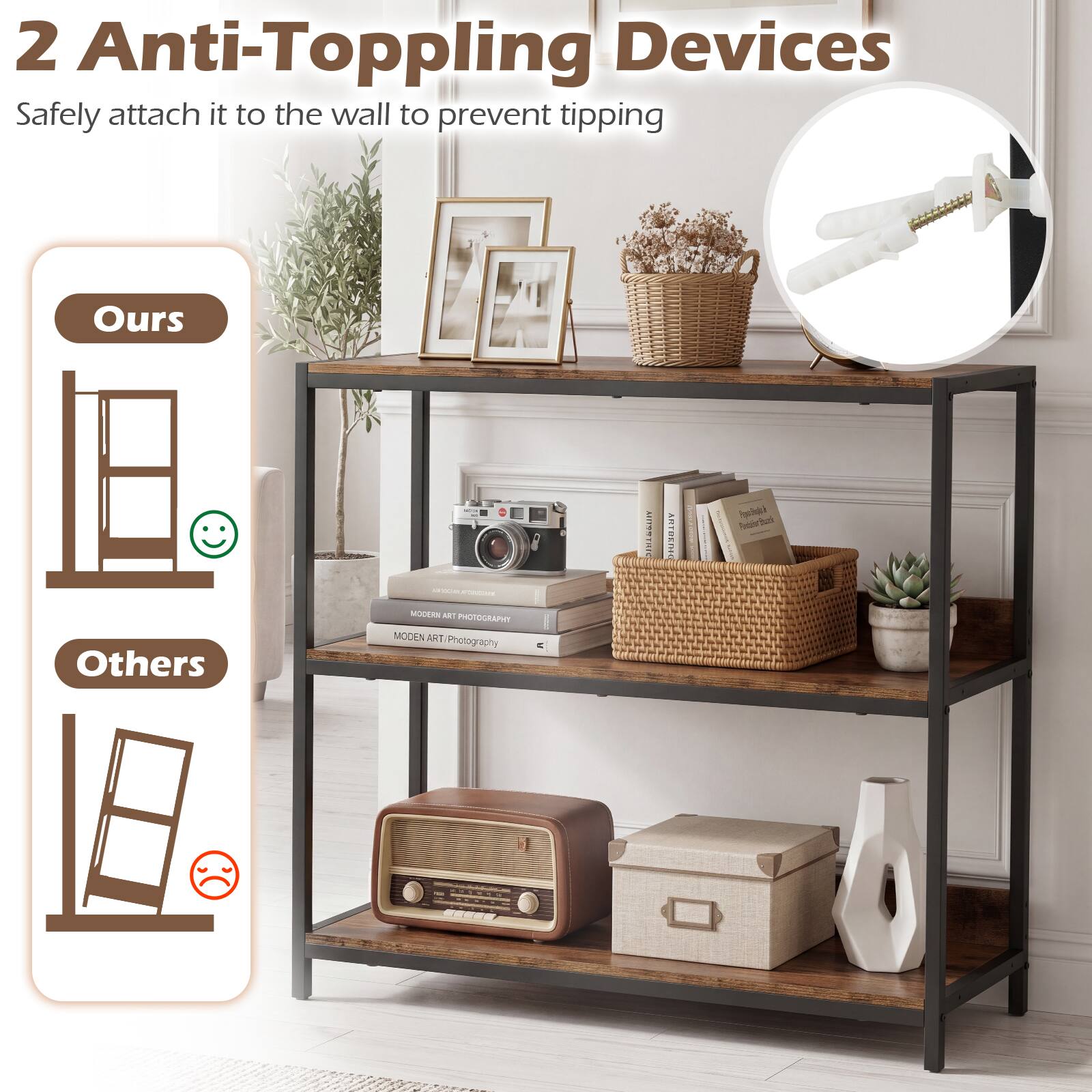 2 Anti-Topping Devices  
Safely attach it to the wall to prevent tipping  

Ours  
Others  

MODERN ART / Photography