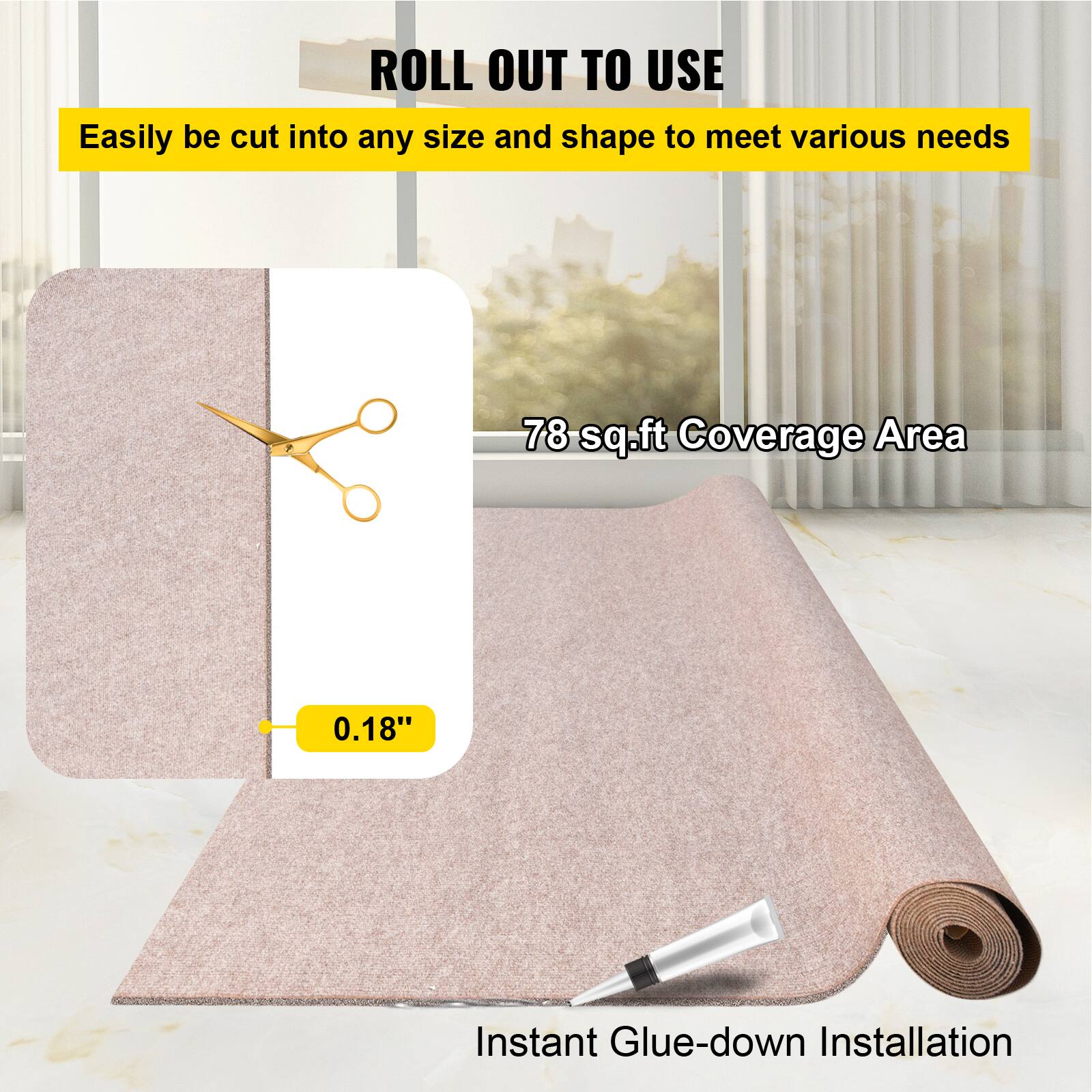 Easily be cut into any size and shape to meet various needs.  
78 sq.ft Coverage Area.  
0.18" Instant Glue-down Installation.