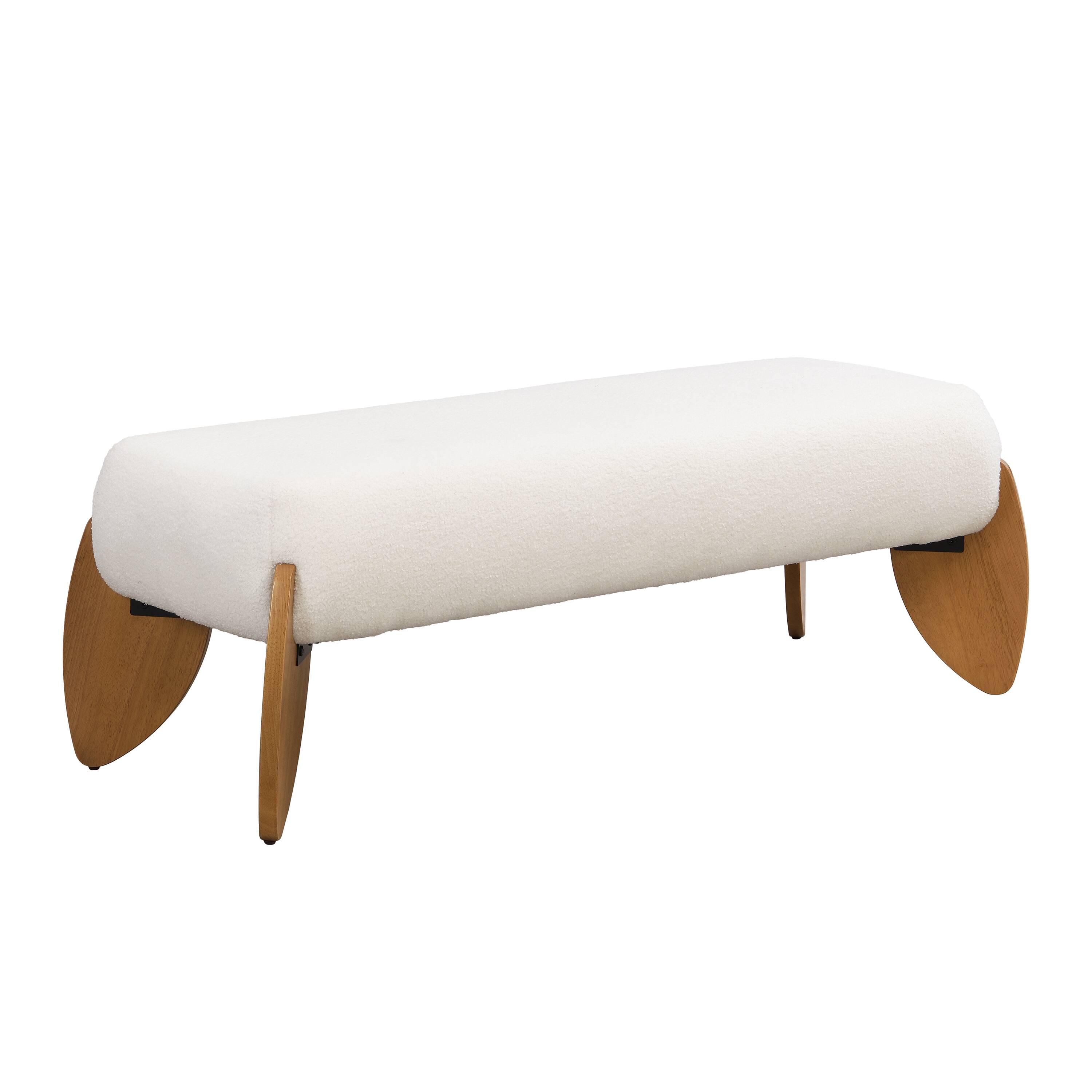 Back. Aukfa - Long  Bouclé Ottoman with Wood Feet, 250LBS Capacity, Soft Textured Upholstery for Living Room and Bedroom - White.