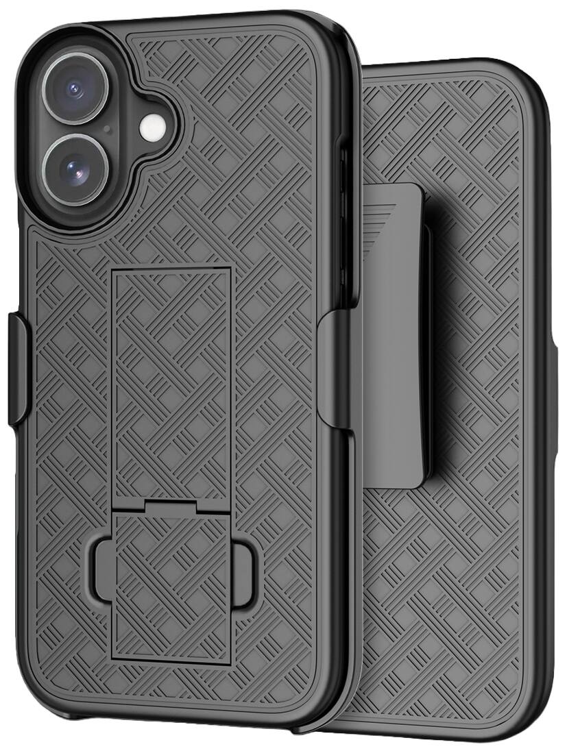 Front. Nakedcellphone - Combo for iPhone 17 - Slim Case with Stand and Belt Clip Holster - Black.