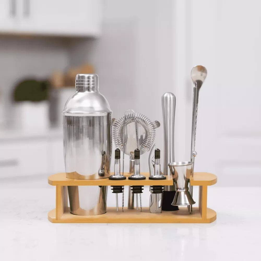 Alt View 4. Luminuxe - Cocktail Shaker Set Bartender Kit with Bamboo Stand 16 Piece Barware Mixing Tools, Stainless Steel.