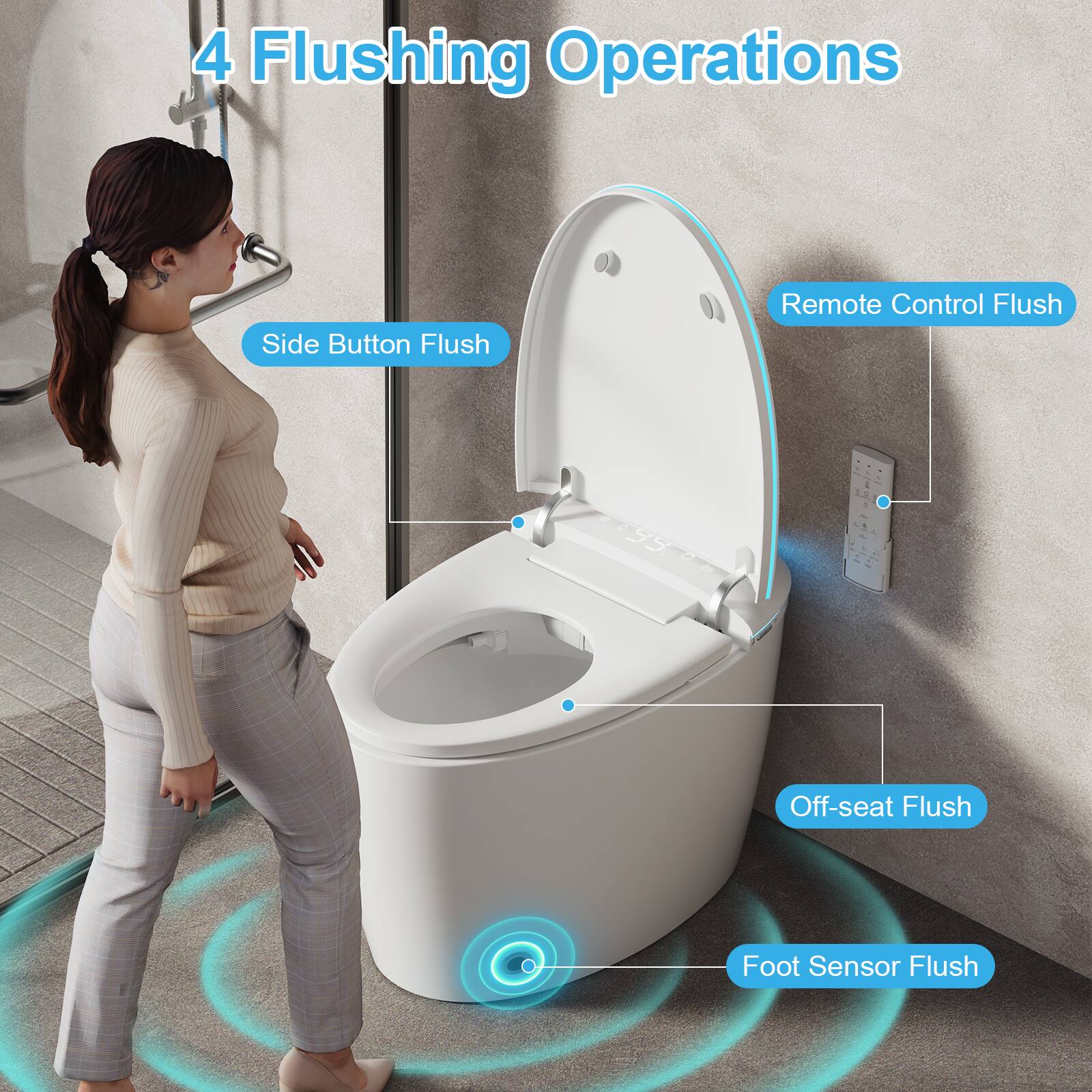 4 Flushing Operations

- Side Button Flush
- Remote Control Flush
- Off-seat Flush
- Foot Sensor Flush