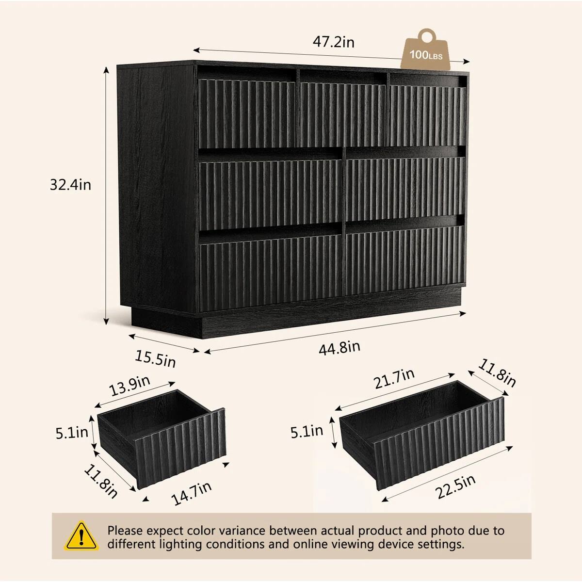 47.2in 100LBS 32.4in 15.5in 13.9in 44.8in 21.7in 11.8in 5.1in 5.1in 11.8in 14.7in 22.5in

Please expect color variance between actual product and photo due to different lighting conditions and online viewing device settings.