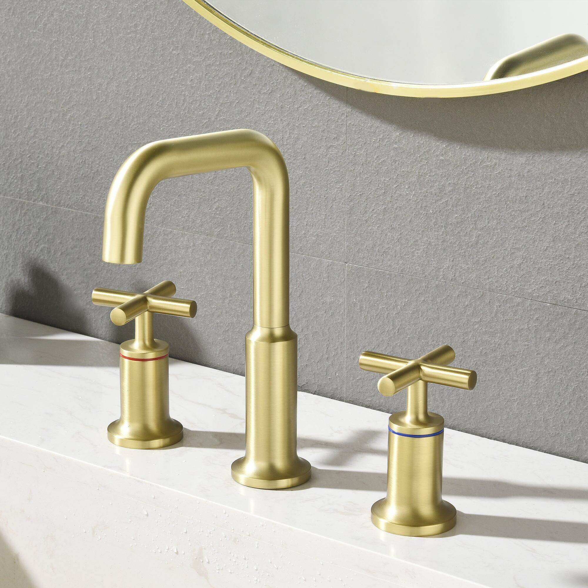 Alt View 2. Boyel Living - Brass 8 Inch Widespread Double Handle Bathroom Faucet with Water Supply Hoses and Quick Connected Hose in Brushed Gold - Brushed Gold.