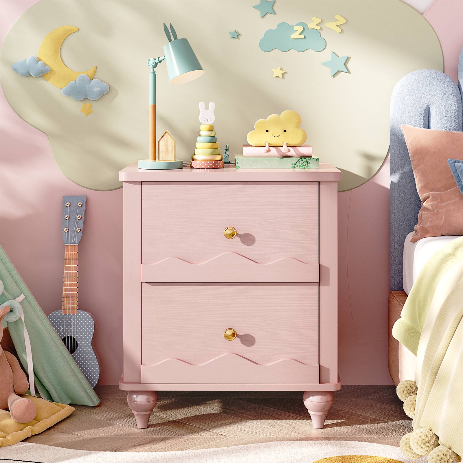 Alt View 5. Aheaplus - Nightstand with 2 Drawers, Farmhouse Nightstand with Charging Station - Pink.