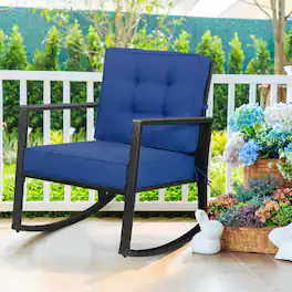 Gymax - Outdoor Wicker Rocking Chair Patio Lawn Rattan Single Chair Glider w/ Cushion - Navy