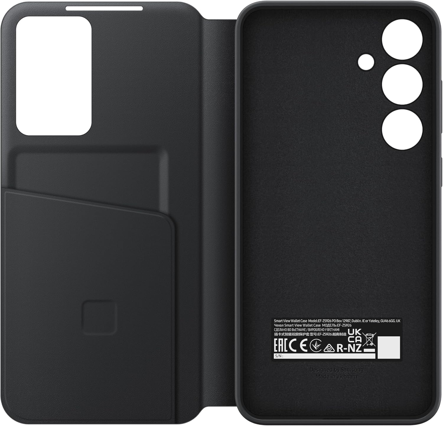 Smart View Wallet Case  
Model: EF-DP0  
P/N: 12928  
Dublin, Eo Tataley, CM4-R00  
UK  
CA  
EAC  
CE  
R-NZ  
S/N:  
Designed by Samsung  
Made in Vietnam
