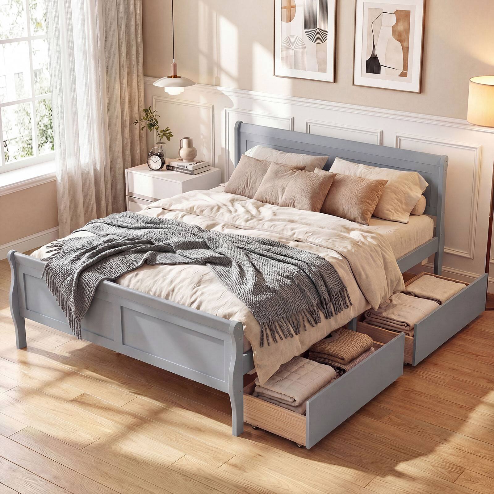 Alt View 4. Costway - Costway Full Size Bed Frame with Storage Drawers, Wood Platform Bed with Headboard Footboard - Gray.