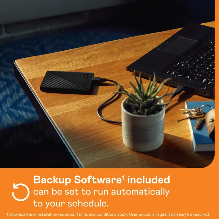 The text on the image reads: "Backup Software included. Can be set to run automatically to your schedule. 1 Download and installation required. Terms and conditions apply. User account registration may be required."